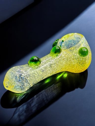 Preview pic of 3.5” Hand-Blown Yellow Glass Pipe – Cracked Ice Texture with Green Accents