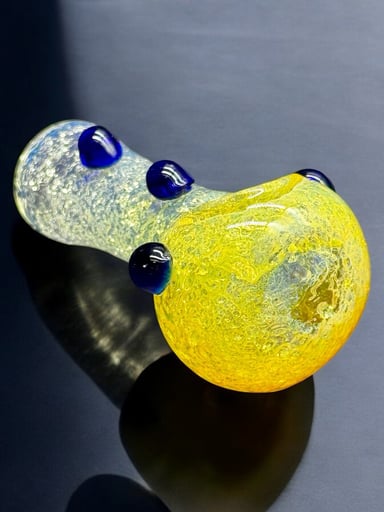 Preview pic of 3.5” Hand-Blown Yellow Glass Pipe – Cracked Ice Texture with Blue Accents