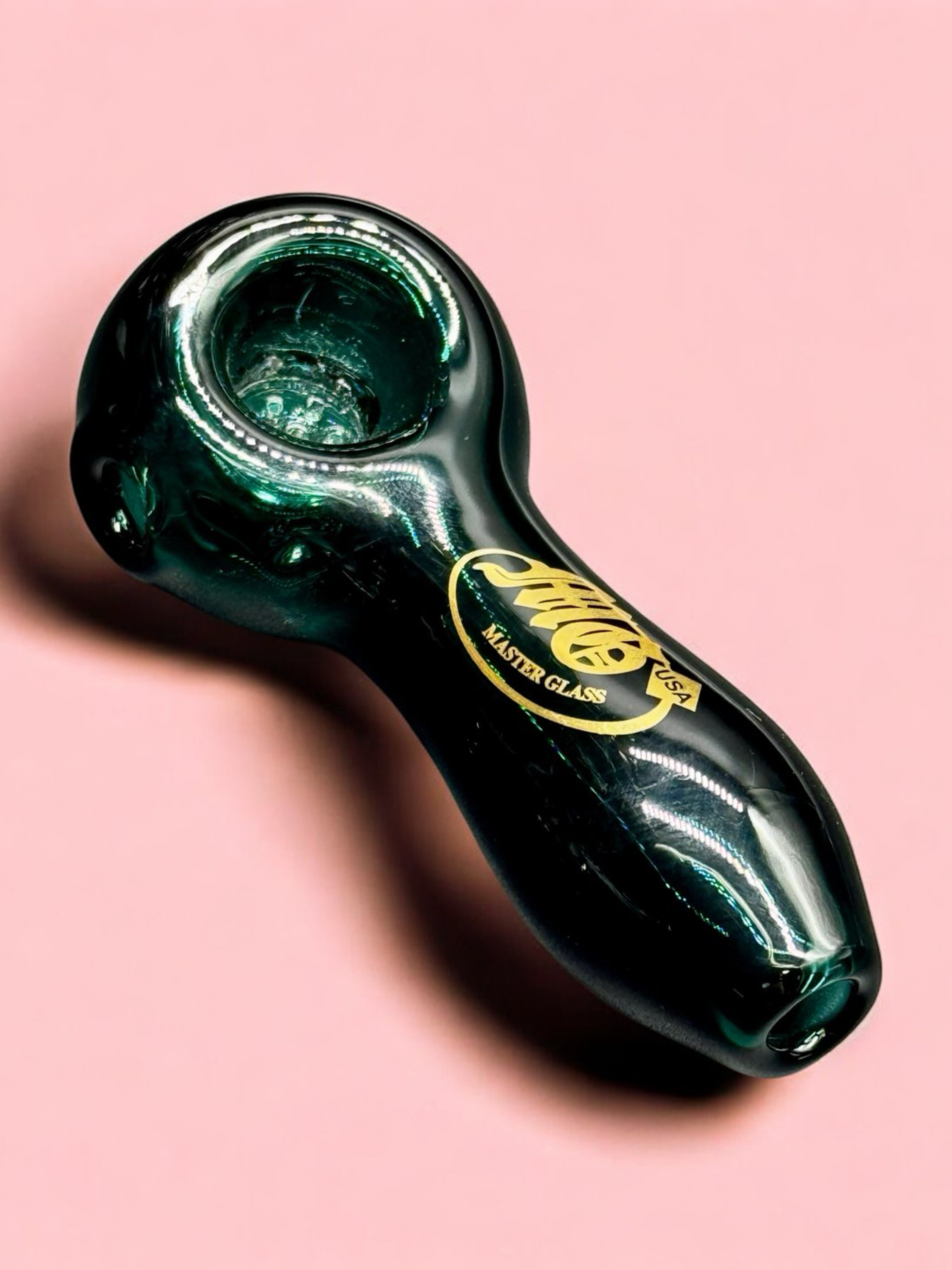 3.5” Master Glass Hand-Blown Pipe – Deep Teal with Gold Horse Logo image 0