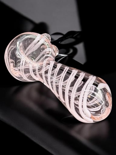 Preview pic of 3” Hand-Blown Pink Glass Pipe – Elegant White Spiral Design