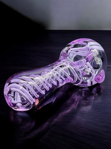 Preview pic of 3” Hand-Blown Purple Glass Pipe – White Spiral Wrap Design