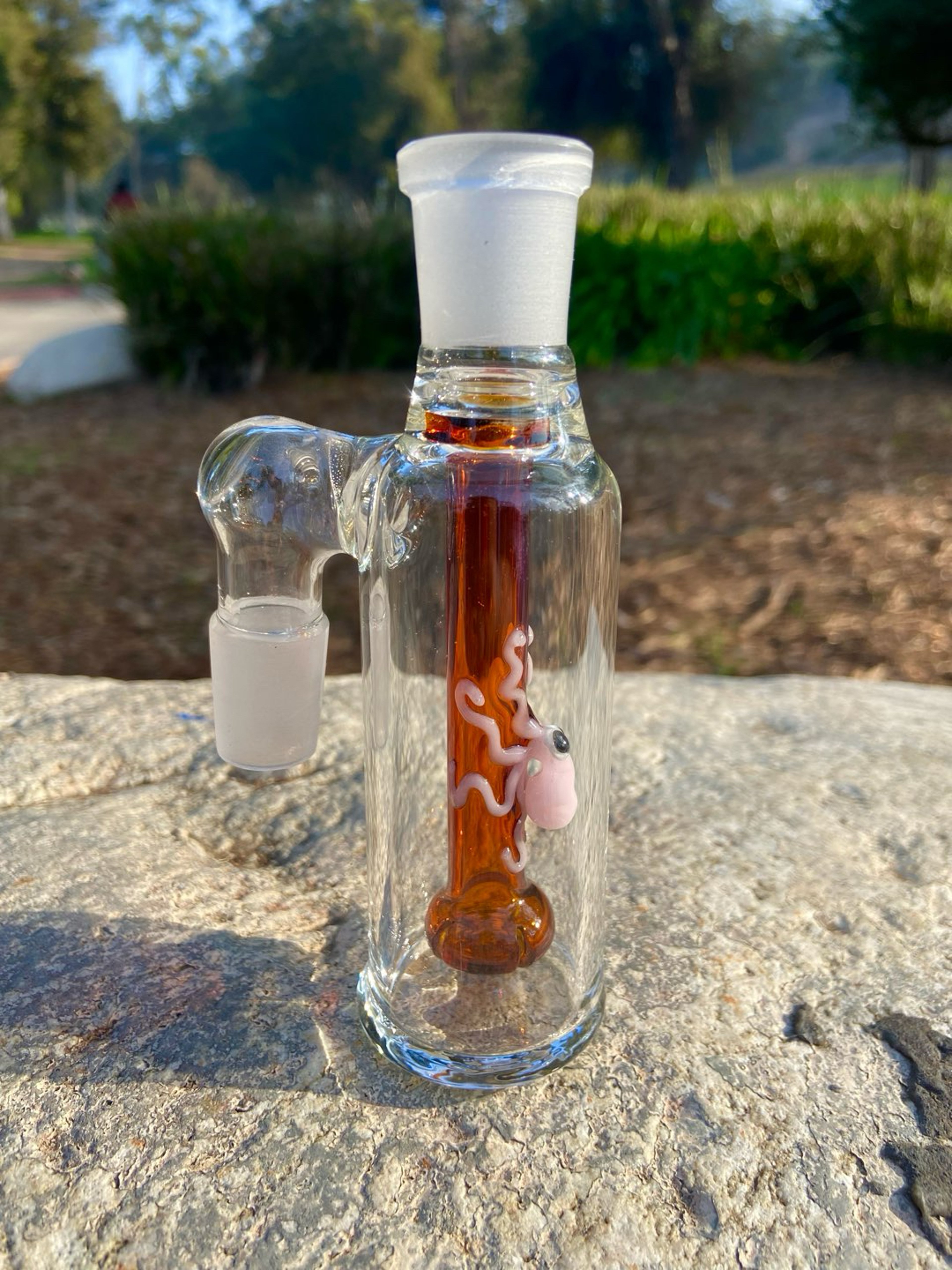 Preview pic of 18mm Amber Glass Ash Catcher 90 degree (pink Octopus)Thick Glass.