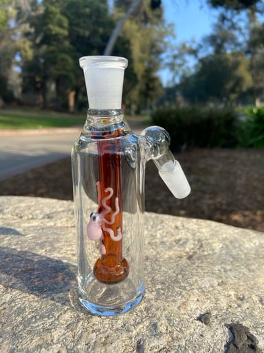 Preview pic of 14mm Amber Glass Ash Catcher 45 degree (pink Octopus)Thick Glass.