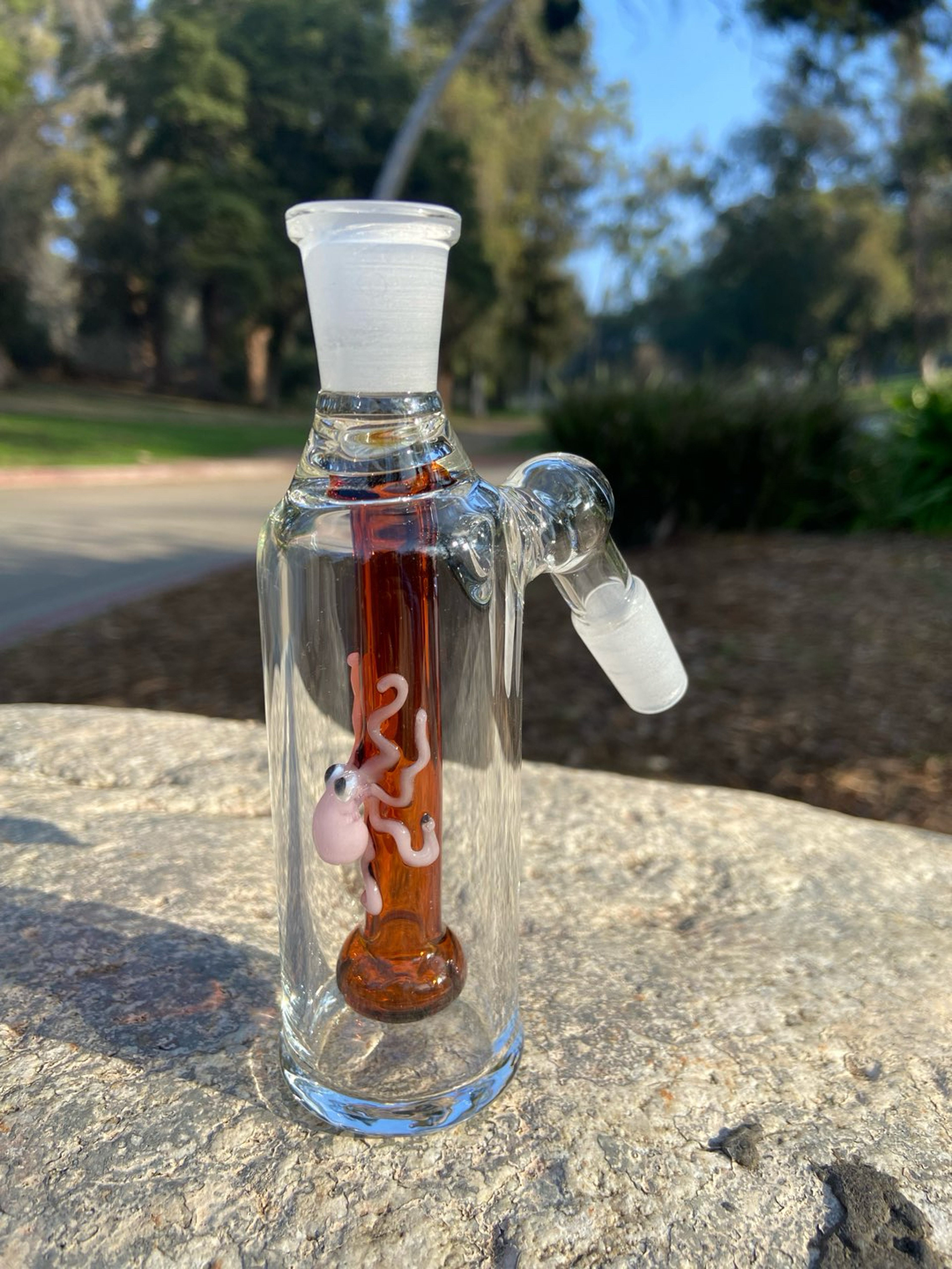 Preview pic of 14mm Amber Glass Ash Catcher 45 degree (pink Octopus)Thick Glass.
