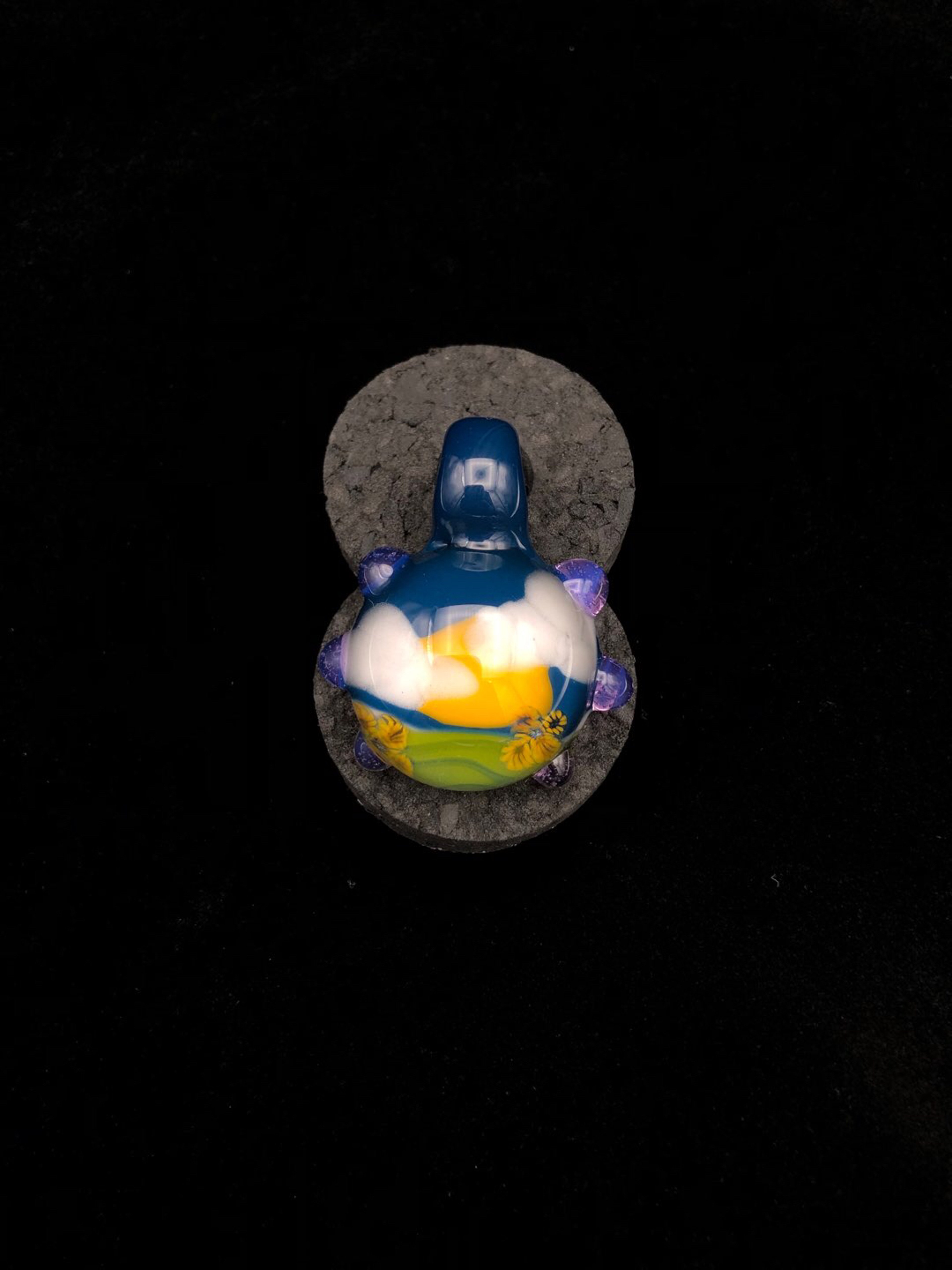 Preview pic of Landscape Tech Pendant • Valley Nighttime Scene w/ Sunflower Detail by Seanzo Glass