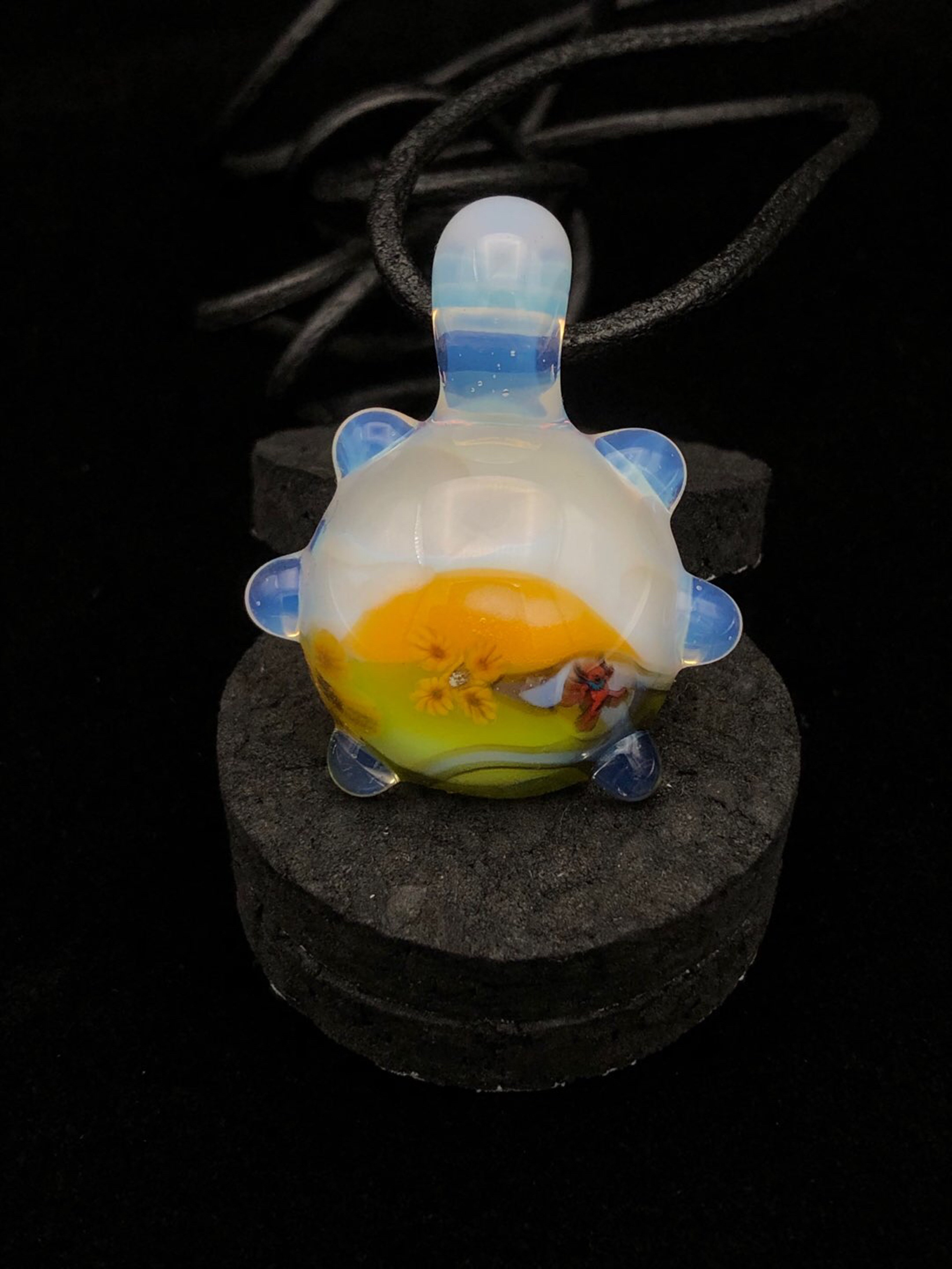 Preview pic of Landscape Tech Pendant • Valley Scene w/ Sunflowers and A Dancing Bear Detail by Seanzo Glass