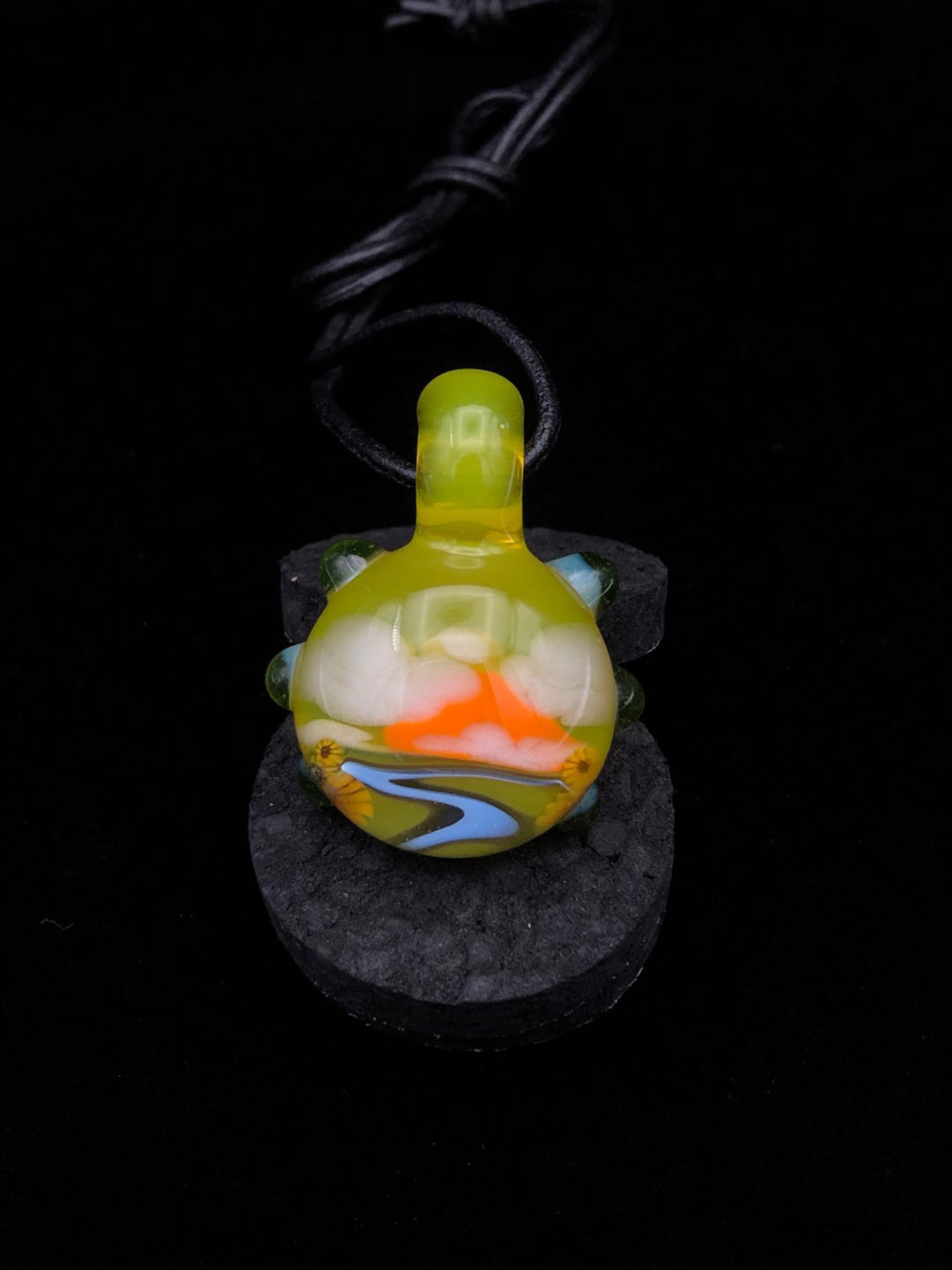 Preview pic of Landscape Tech Pendant • Valley Scene w/ Sunflower Detail by Seanzo Glass