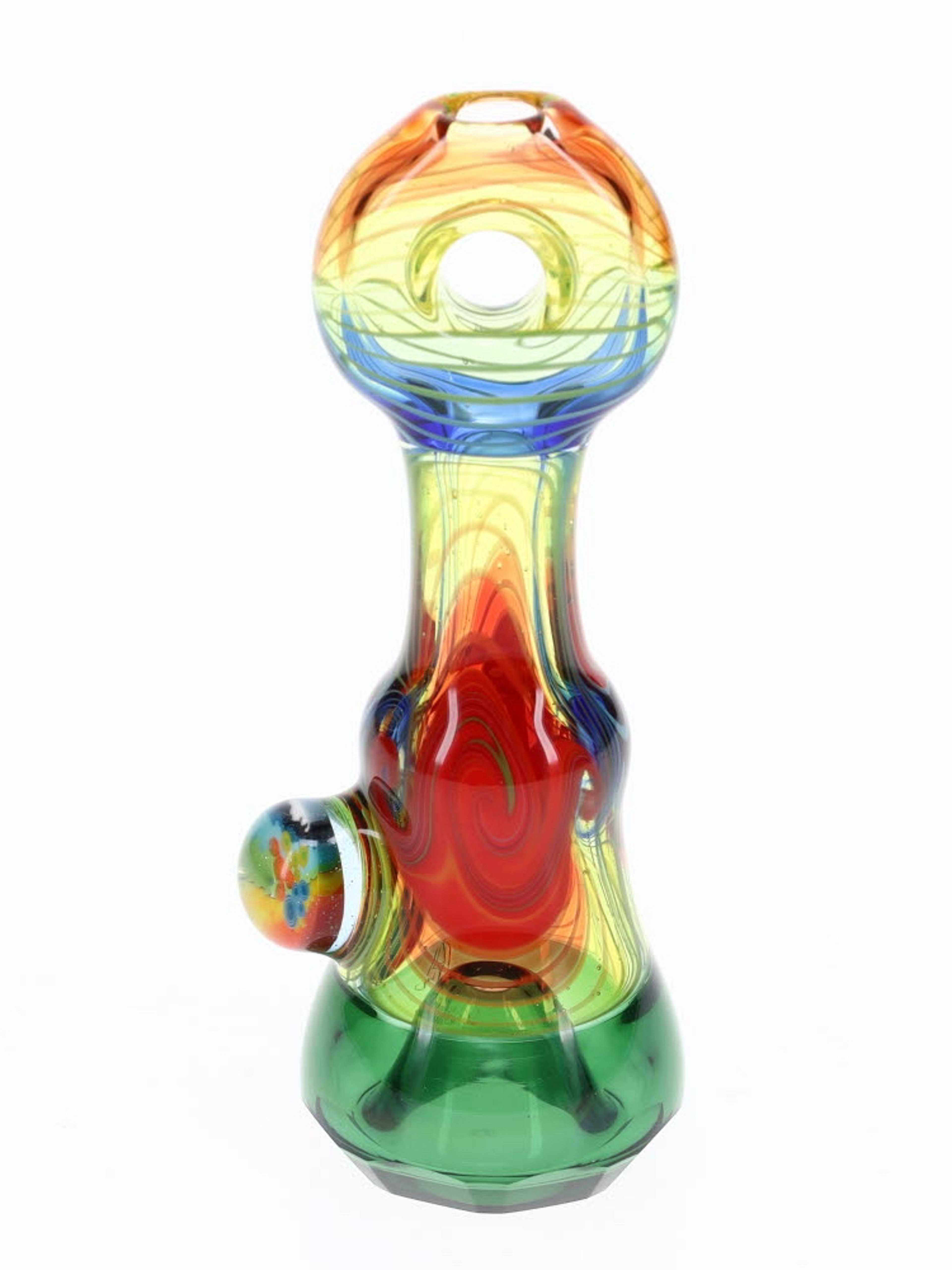 Preview pic of Cowboy Glass Green Red & Rainbow Faceted Onie