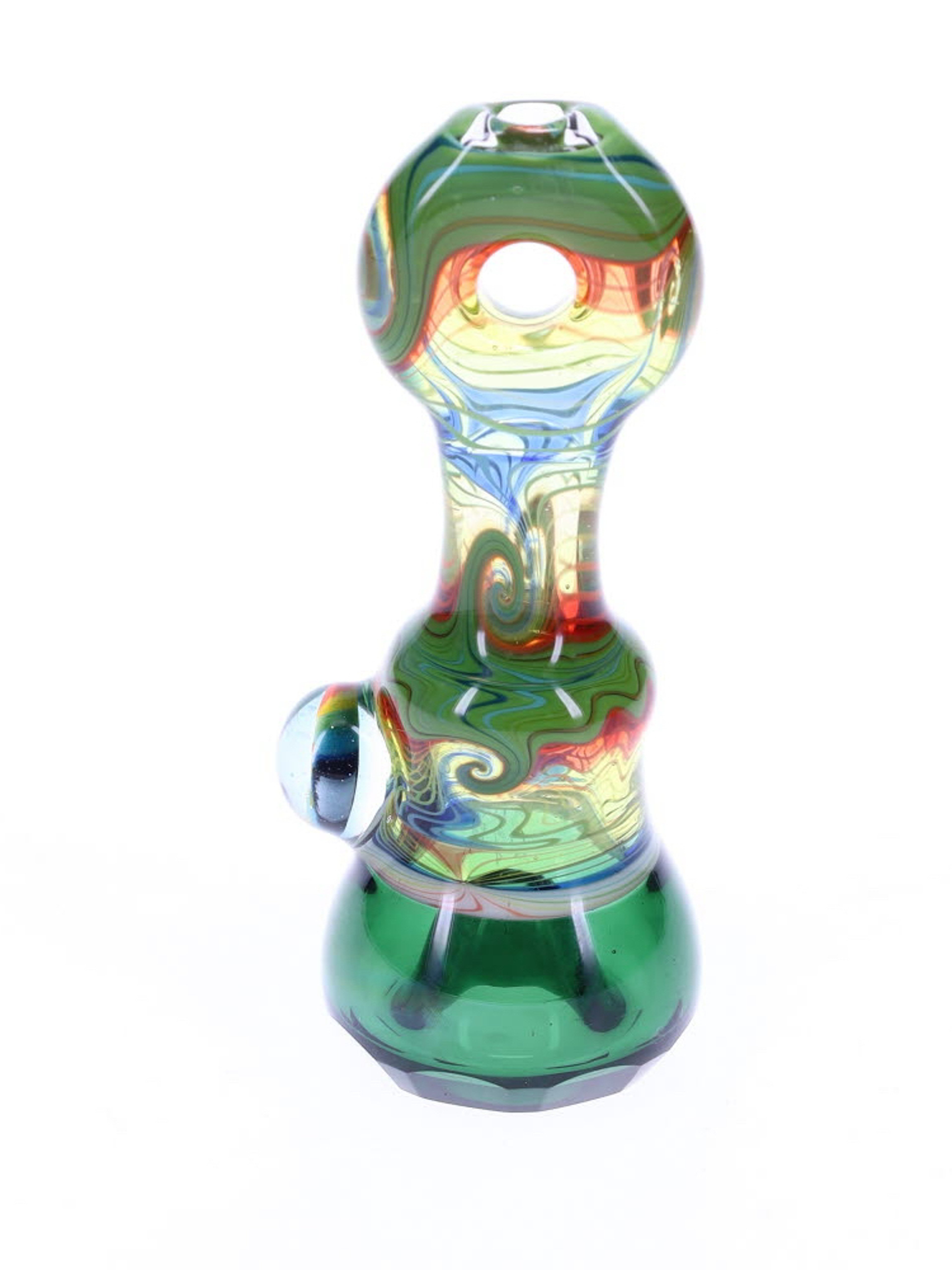 Preview pic of Cowboy Glass Green & Rainbow Faceted Onie