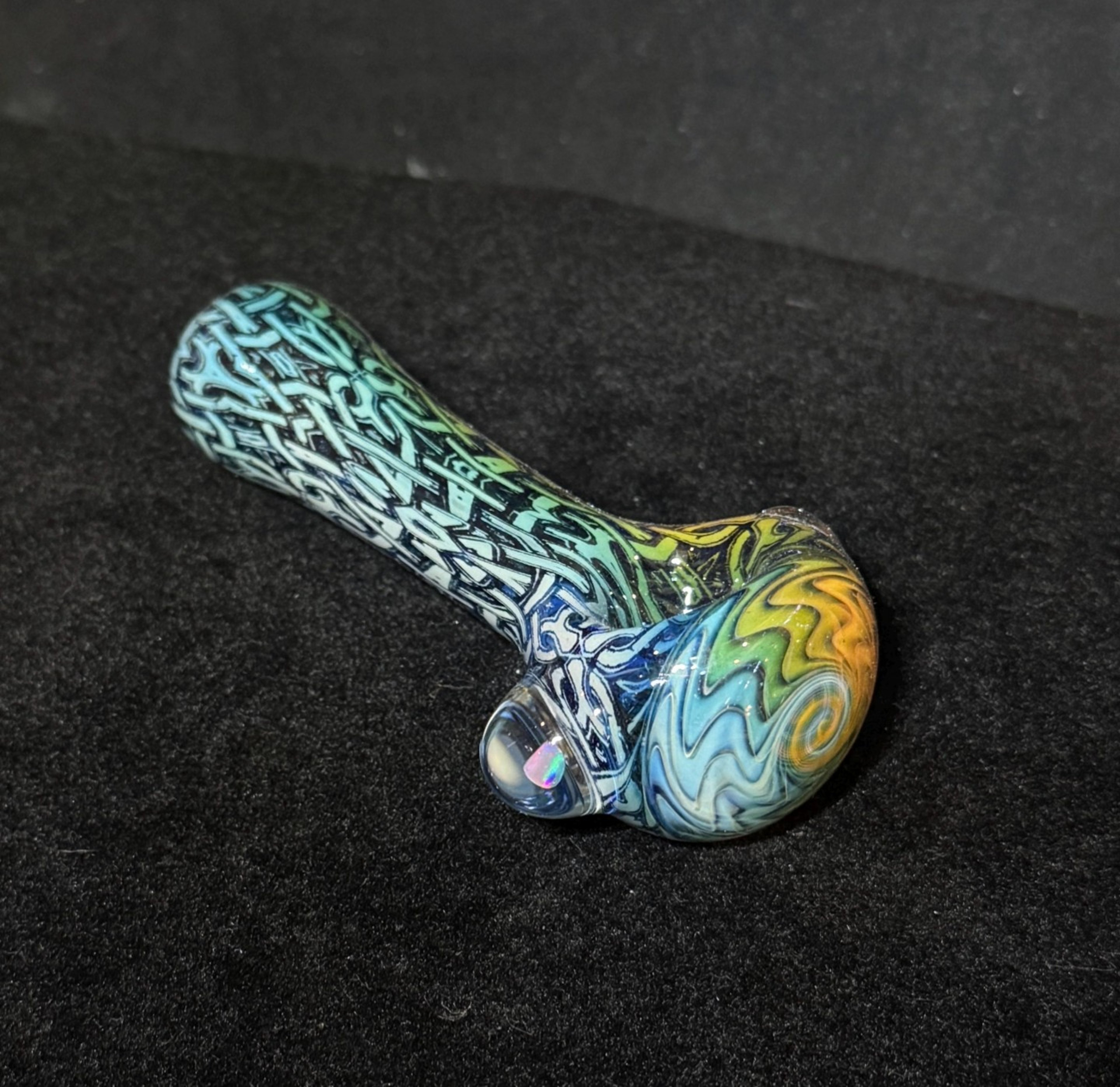 Preview pic of HefeGlass Fume Weaved Etch Pattern Glass Spoon Pipe Coloring Changing Fume Rainbow Linework Cap And Opal Marble