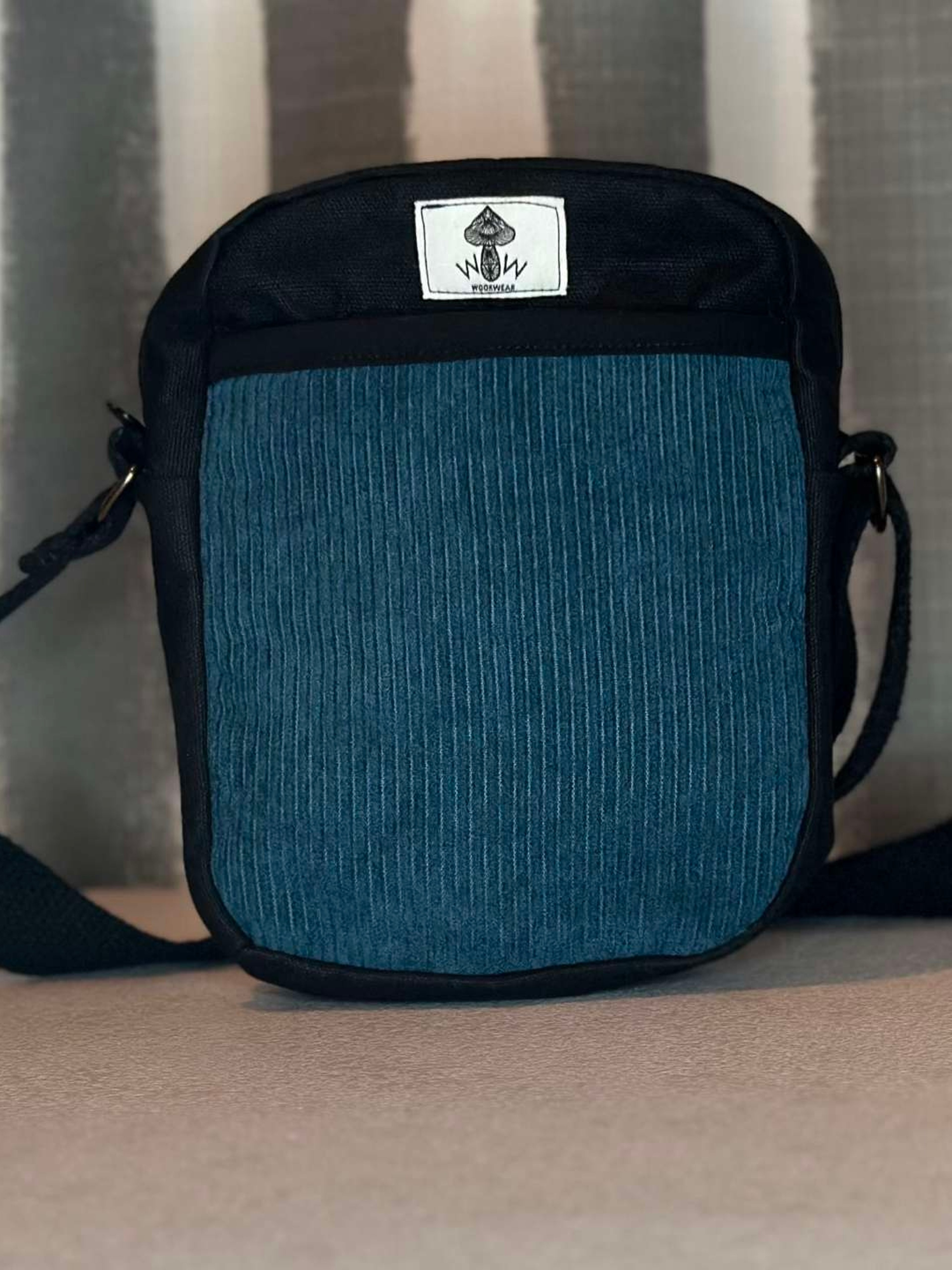 Preview pic of 🎒 One-of-a-Kind Handcrafted Wook Wear Side Bag – Blue Corduroy! 🎒