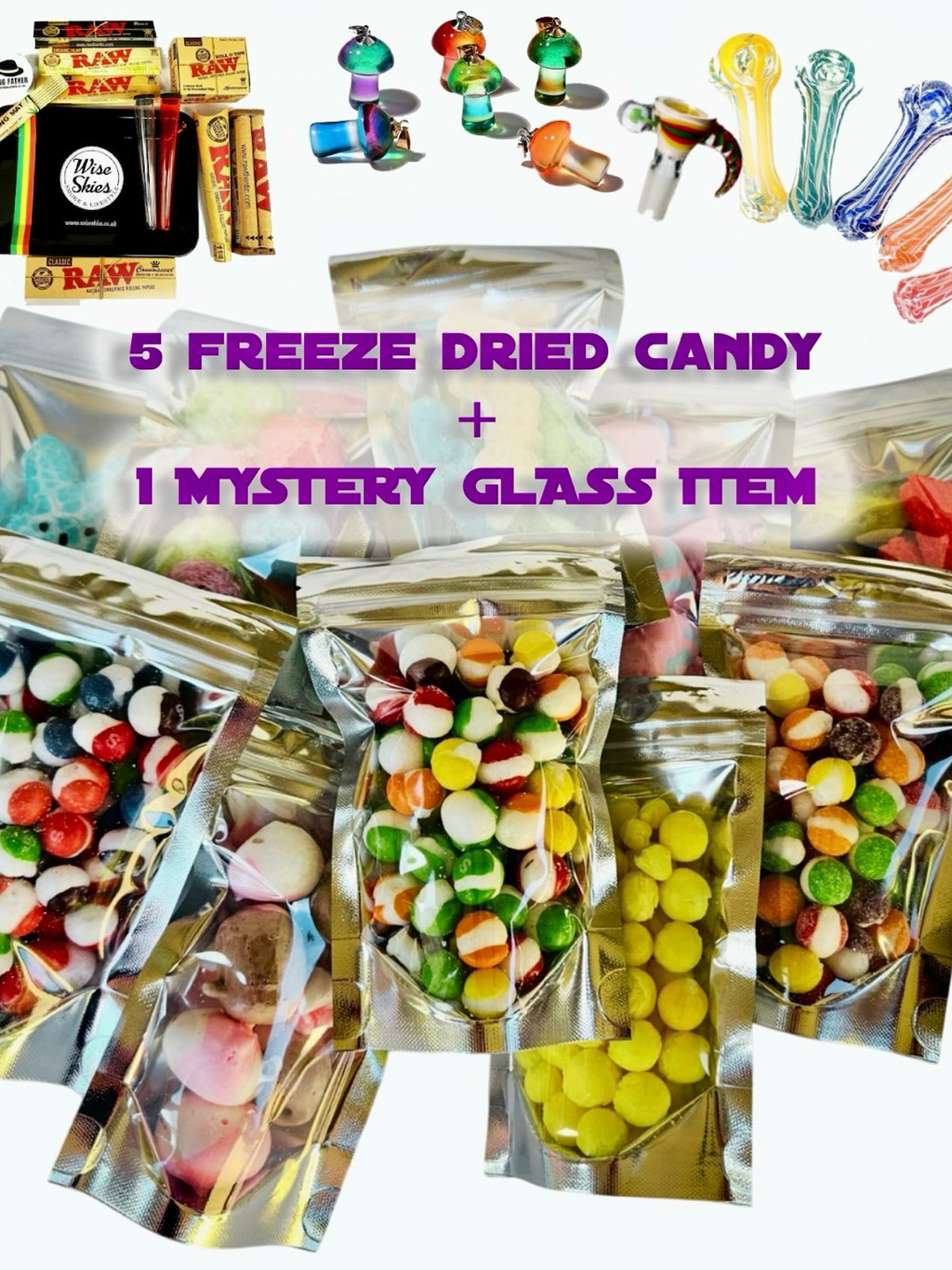 Preview pic of Munchies & Mystery Bundle - 5pc Freeze Dried Candy & 1pc Mystery Glass Item