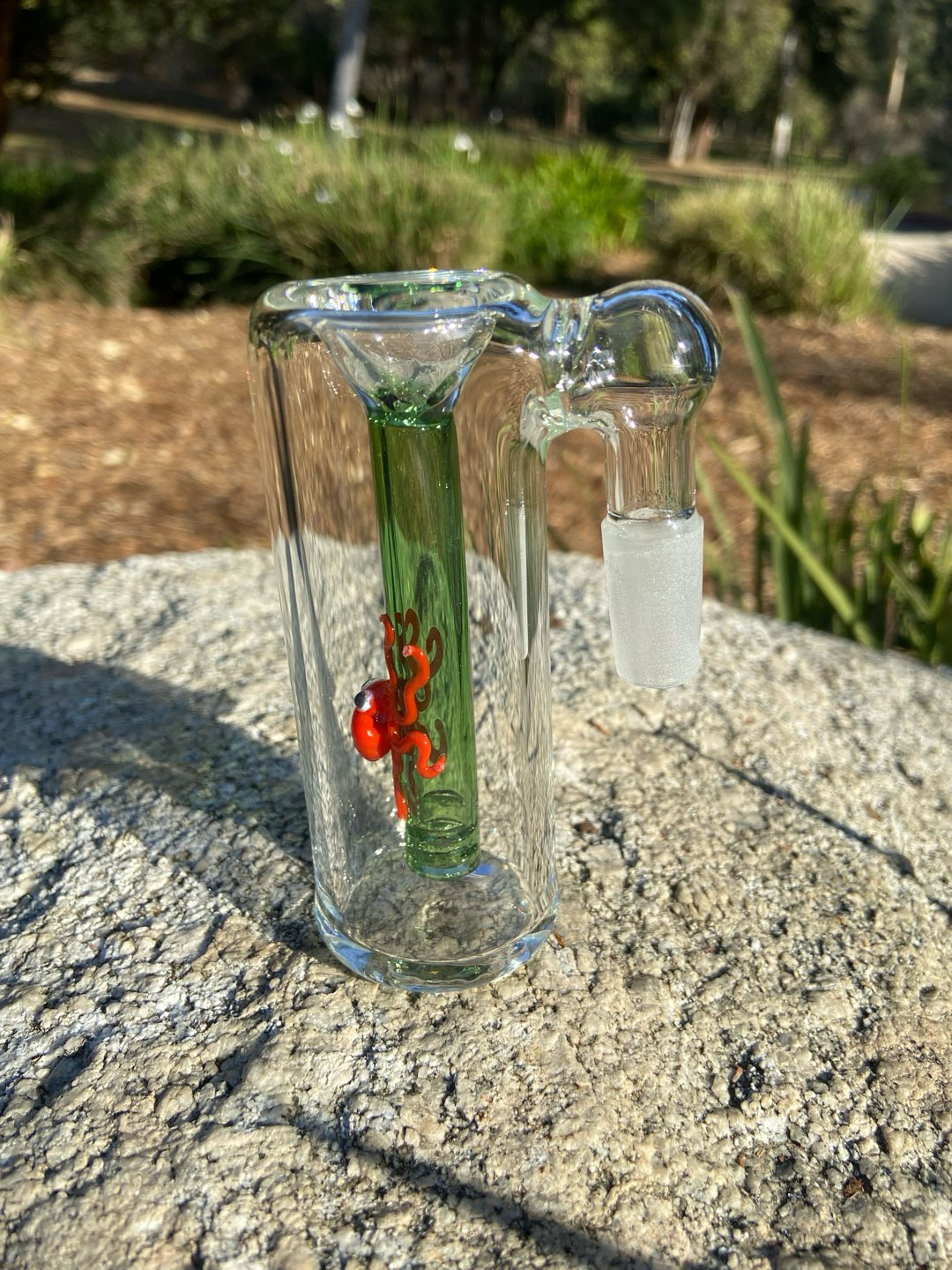 Preview pic of Thick Glass Ash Catcher bowl 14mm Male 90 Degree  Downstem  Fixed Orange Octopus