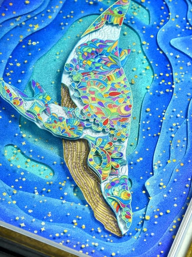 Preview pic of Masataka Joei - "True Form - White Whale" Coldworked Borosilicate Glass Scenery Panel w/ Custom Framing