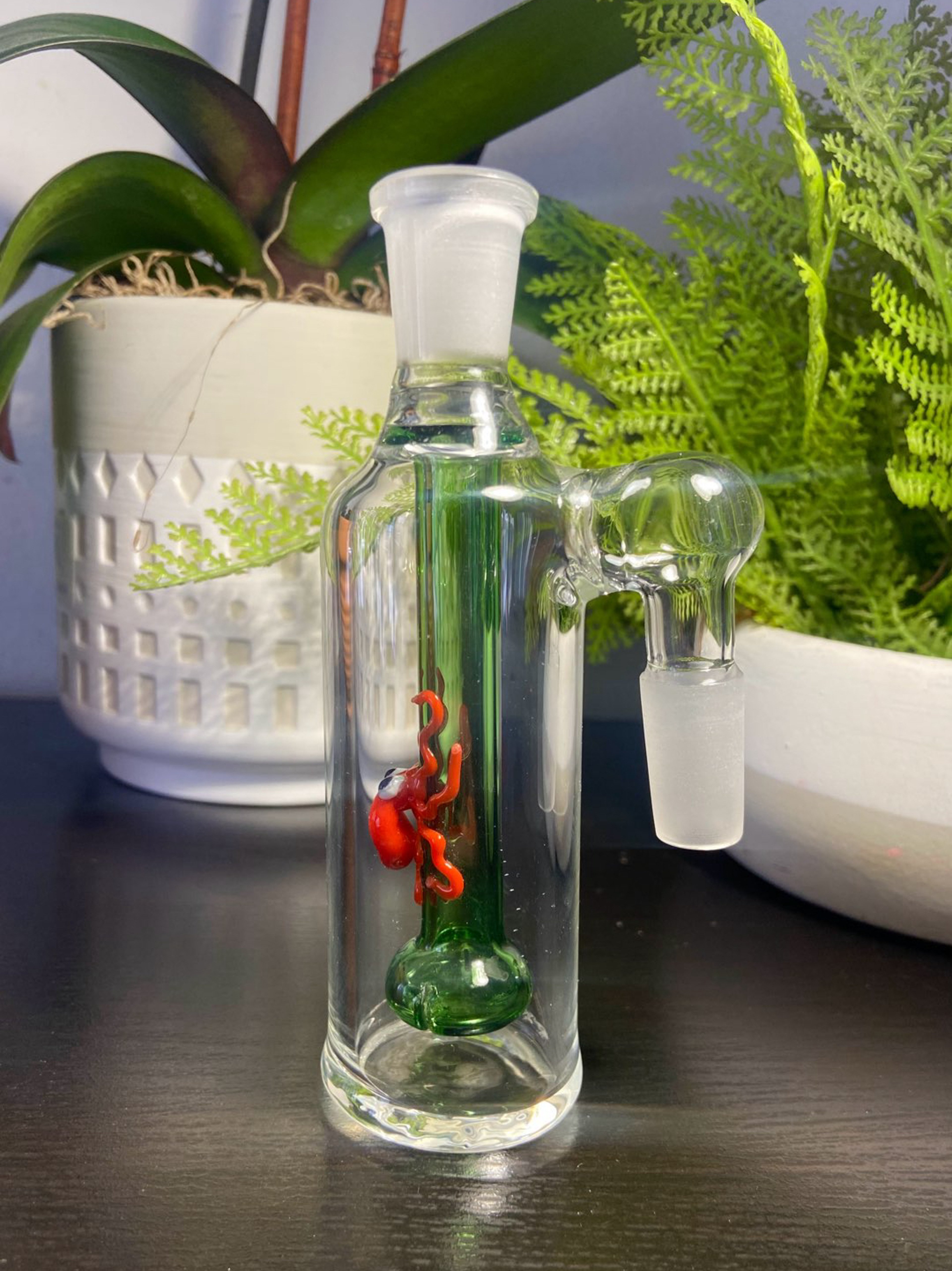 Preview pic of 14mm Green Shower Head Glass Ash Catcher 90 degree (Orange Octopus)Thick Glass.