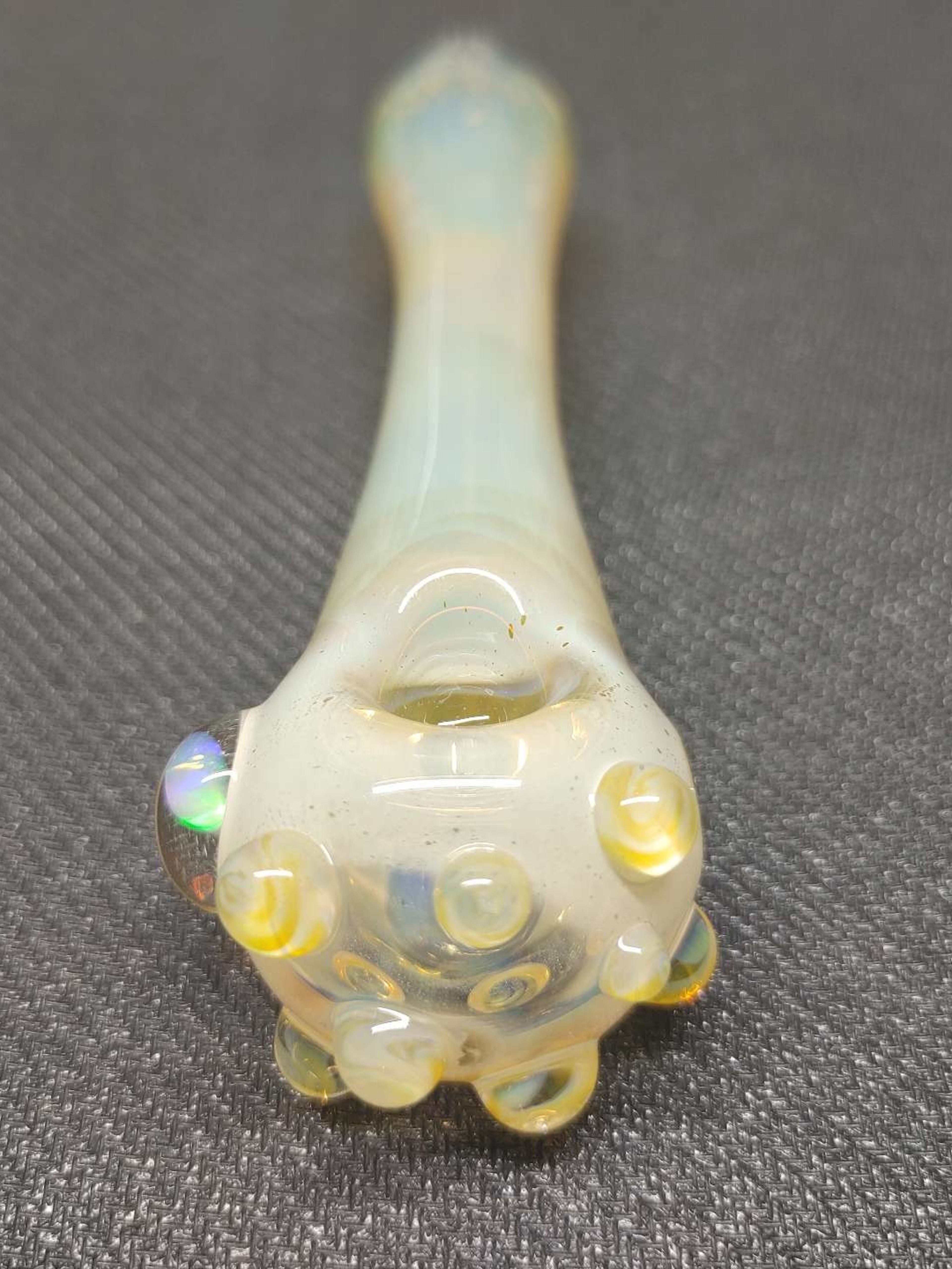Preview pic of Fumed Glass Pipe with Color Accents and an Encased Opal! Hand Blown in Oregon!
