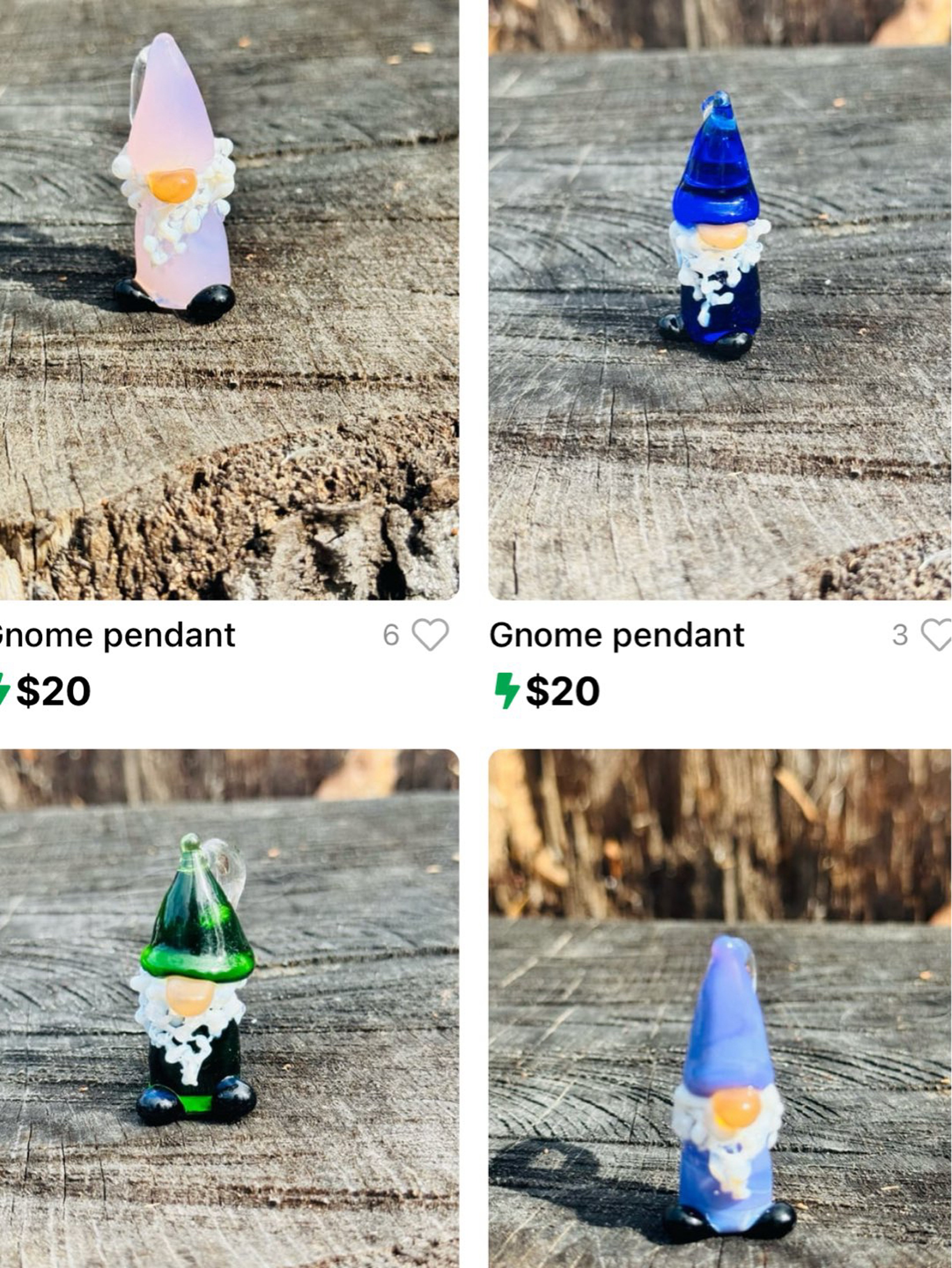 Preview pic of 3 gnome pendants - pink, purple tsp green