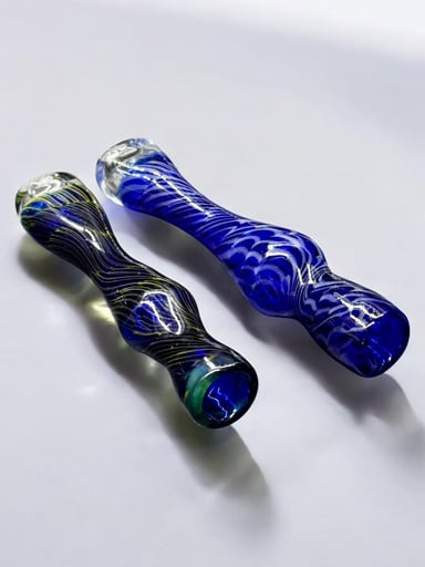 Preview pic of Hand-Blown Glass Chillum Pipe – Blue Swirl Design (3.5”–3.8”)