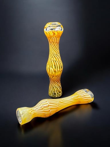 Preview pic of Yellow Orange Spiral Chillum Glass Pipe – 3.5” Hand-Blown One-Hitter with Clear Accents