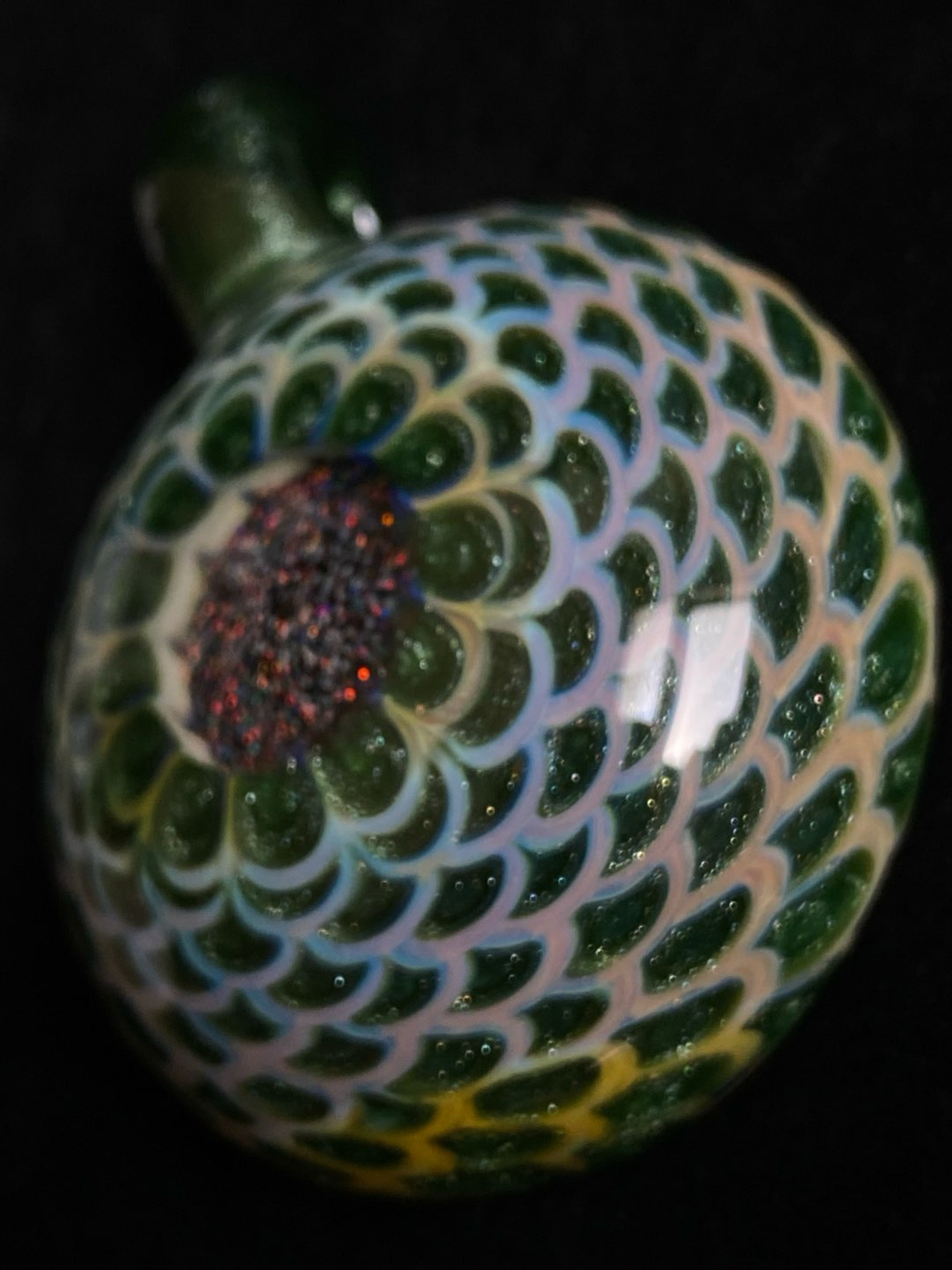 Preview pic of Sapp glass green stardust & silver fumed swanger with crush opal center.