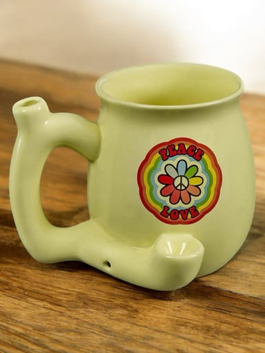 Preview pic of Peace Love Ceramic Mug Pipe – Yellow Hippie Flower Design