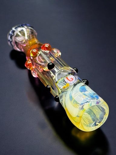 Preview pic of Hand-Blown Chillum Glass Pipe – Snail Millefiori Accent – 3.3” Fumed USA Art Glass
