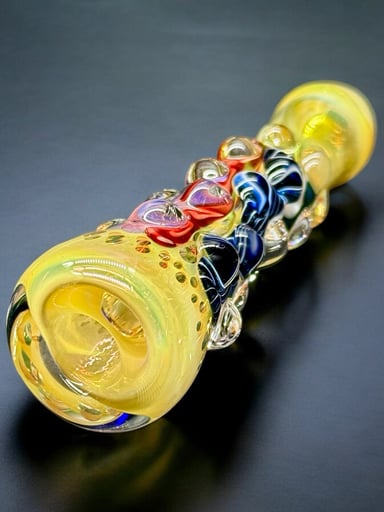 Preview pic of Hand Blown Glass Chillum Pipe – Yellow Rainbow Dot Design – 3.2”-3.4” USA Made