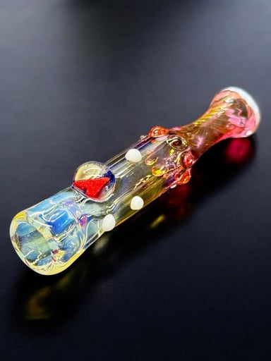 Preview pic of Hand Blown Glass Chillum Pipe with Heart Dome – 3.5” Textured Rainbow Design – Made in USA