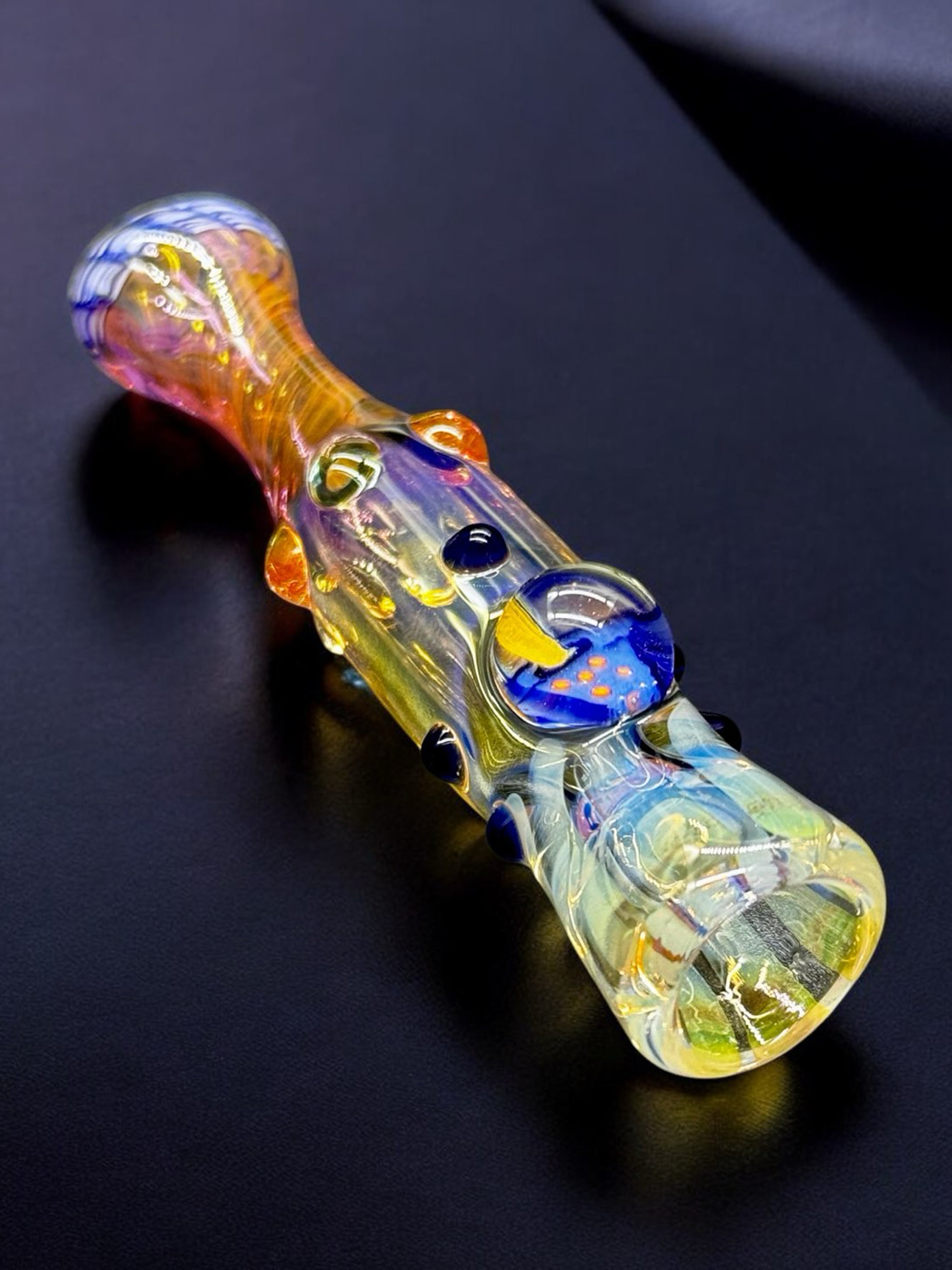 Preview pic of Hand Blown Glass Chillum with Mushroom Marble – 3.5” Rainbow Swirl Dot Pipe – Made in USA