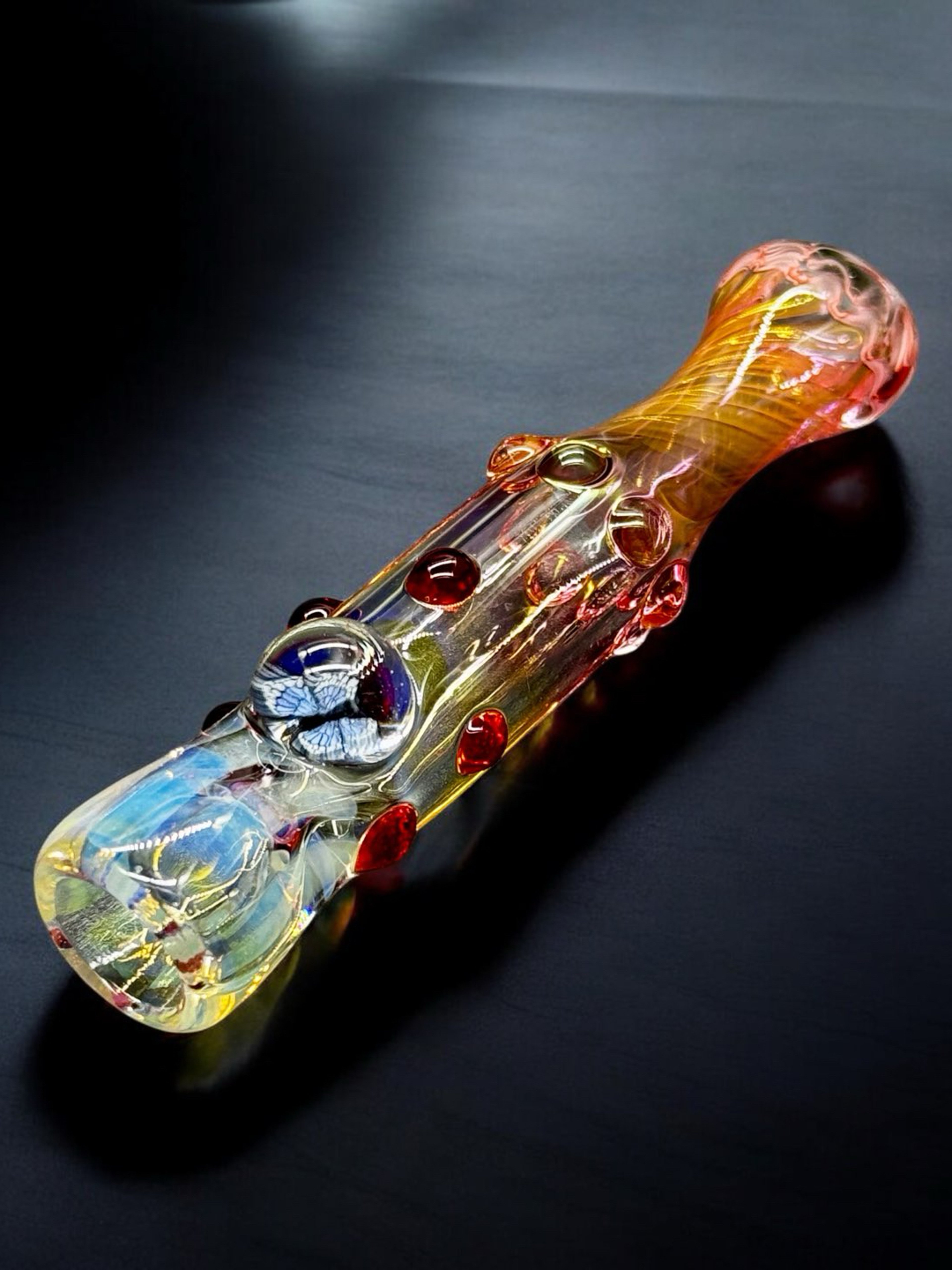 Preview pic of Hand Blown Glass Chillum Pipe with Butterfly Art Dome – 3.5” Rainbow Textured – Made in USA