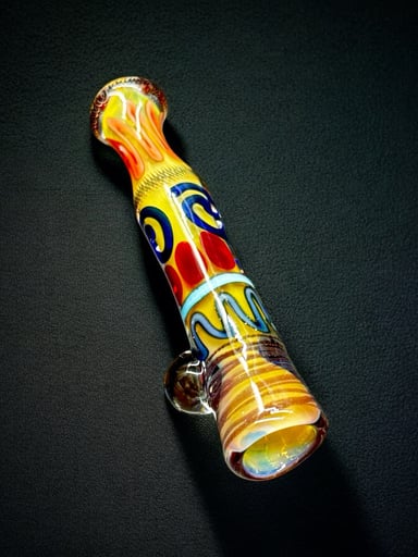 Preview pic of Hand-Blown Glass Chillum Pipe – Made in USA, Vibrant Swirl Pattern with Marble Accent, 3.5”-4”