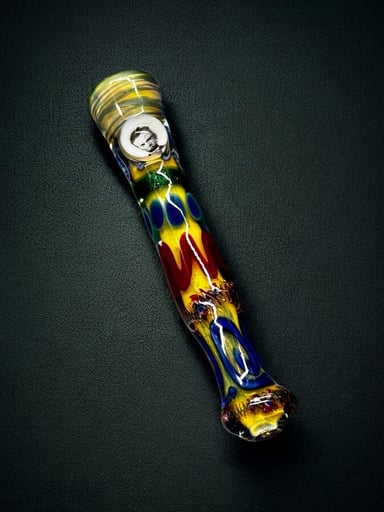 Preview pic of Hand-Blown Glass Chillum Pipe – Made in USA, Colorful Fumed Swirl with Portrait Marble Accent (3.5”-4”)