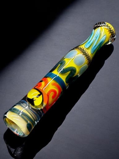Preview pic of Wu-Tang Clan Glass Chillum Pipe – Hand-Blown in USA, Colorful Swirl Design w/ Logo Marble (3.5”-4”)