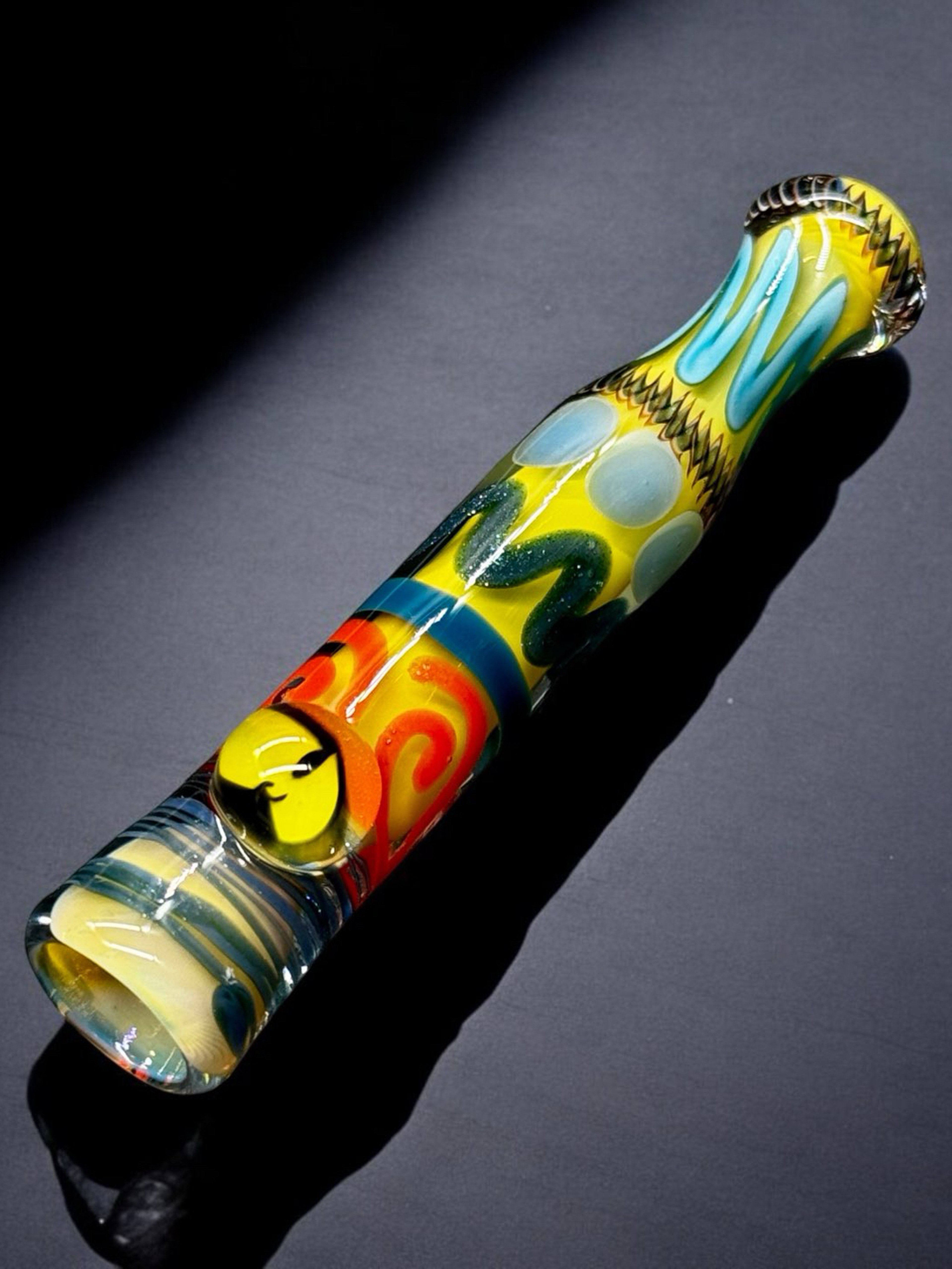 Wu-Tang Clan Glass Chillum Pipe – Hand-Blown in USA, Colorful Swirl Design w/ Logo Marble (3.5”-4”) image 0