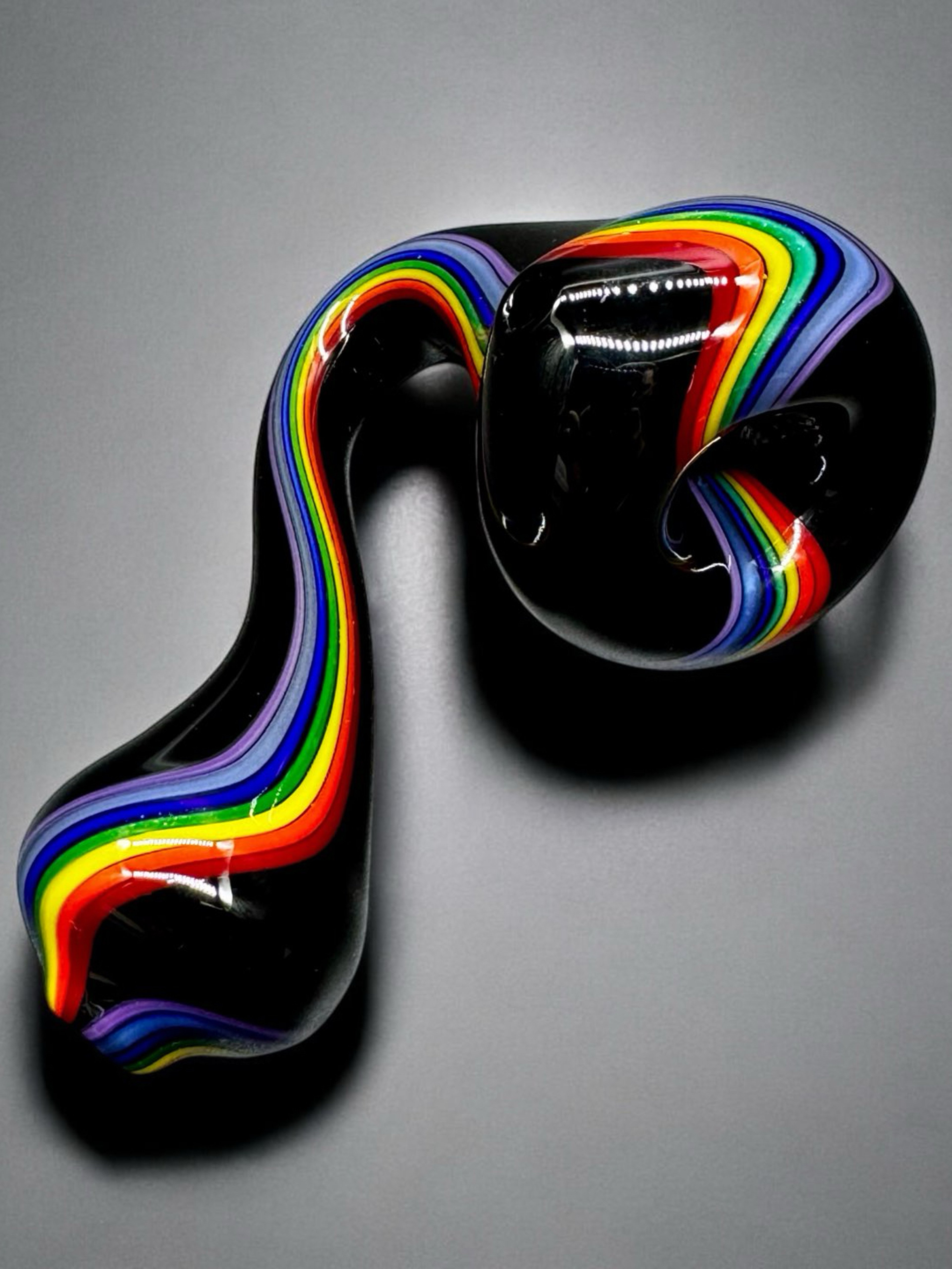 Preview pic of Hand-Blown Black Sherlock Glass Pipe with Rainbow Linework – 4” USA-Made