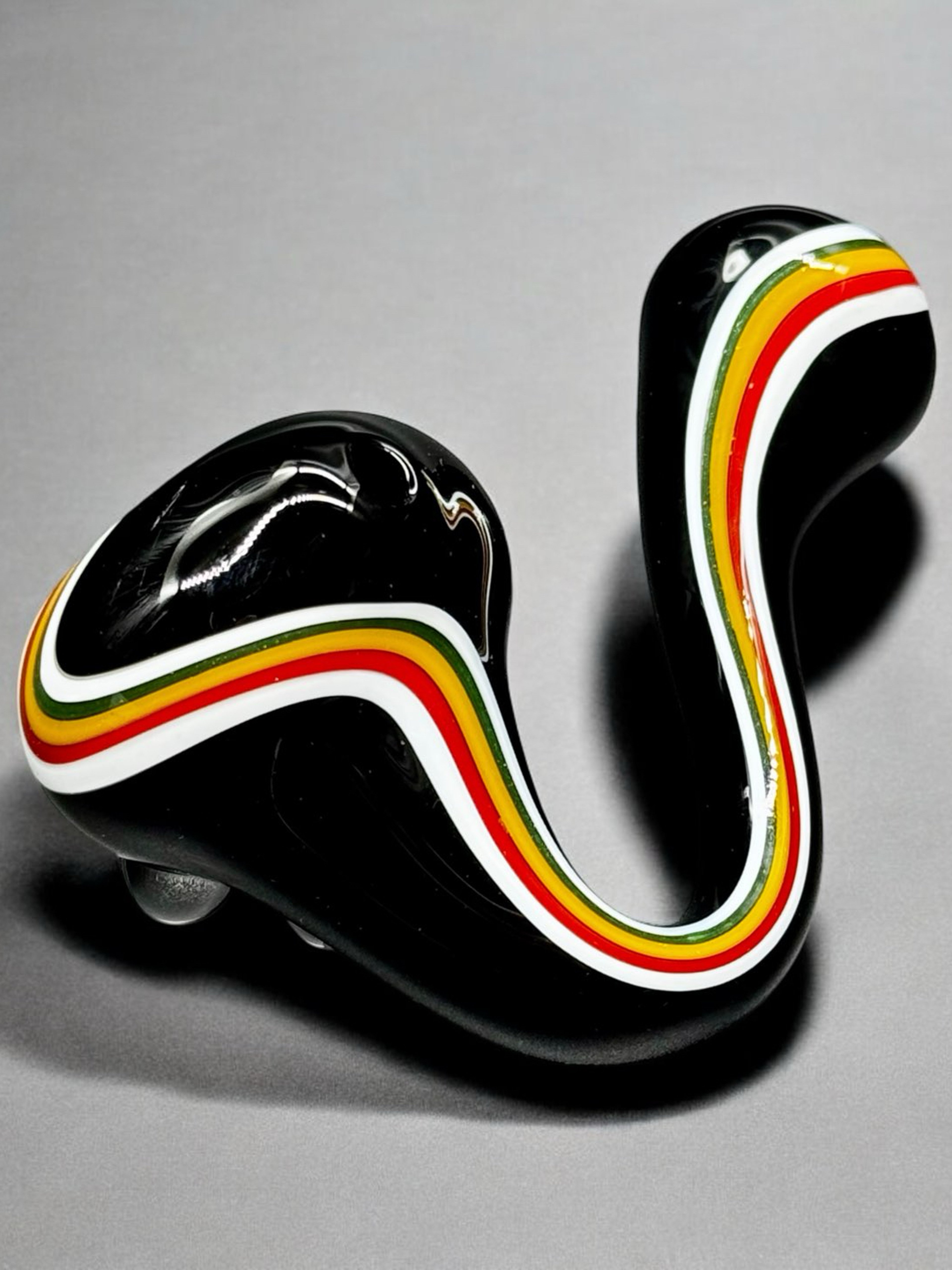 Preview pic of USA-Made Hand-Blown Sherlock Glass Pipe – Black with Rasta Stripe – 4” Art Piece