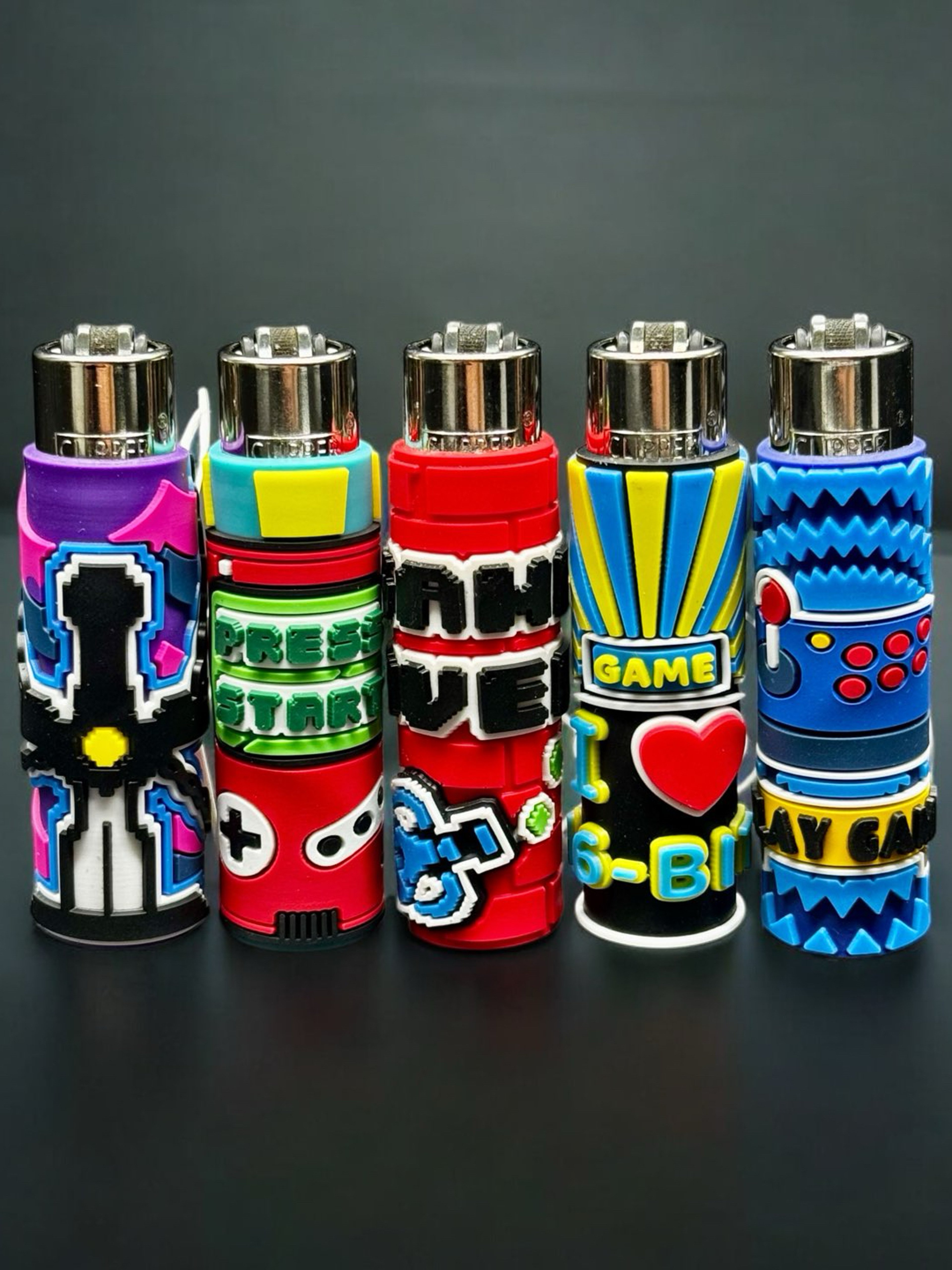 Clipper Lighters – 5 Pack | Gamer Edition with Hand-Sewn 3D Covers | Refillable & Prefilled image 0