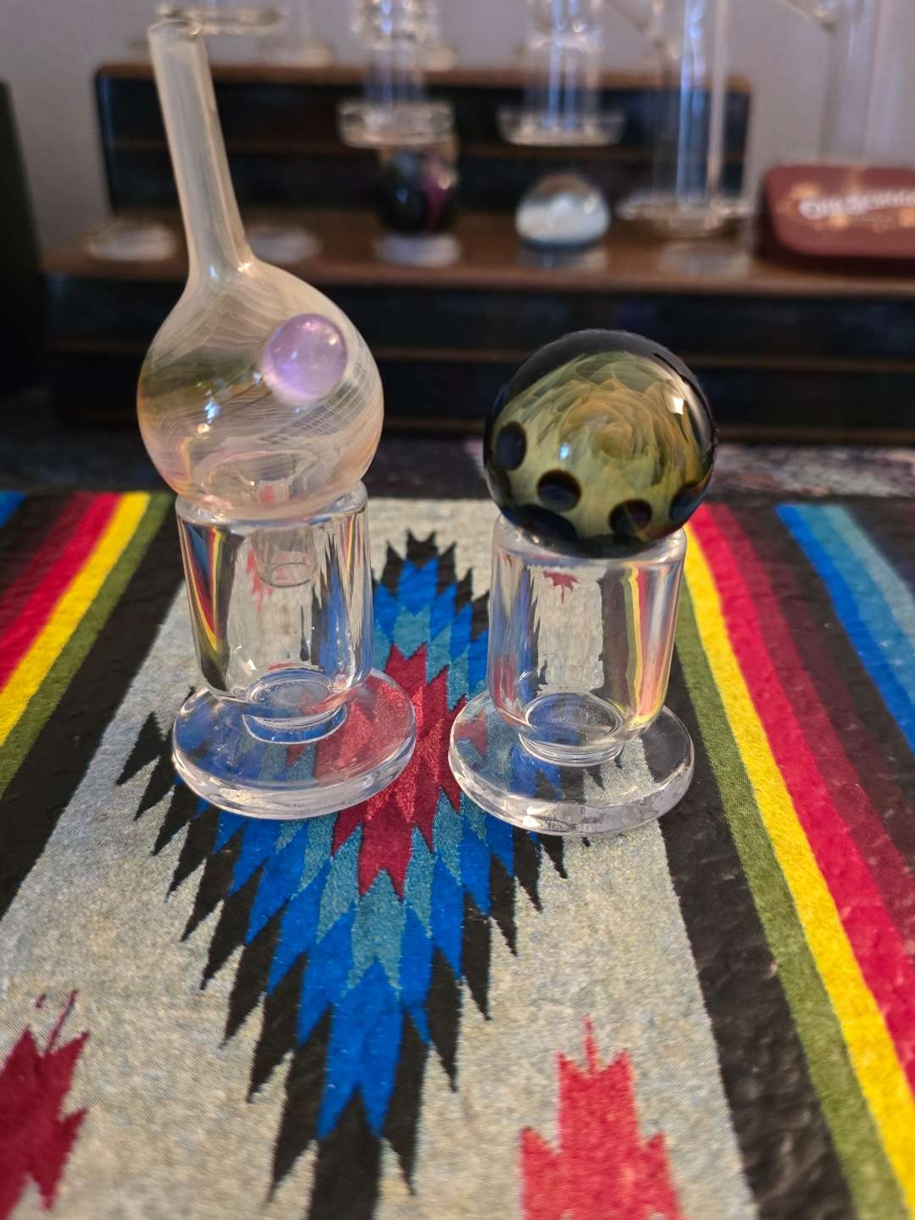 Preview pic of Pair of thick glass marble/cap stands