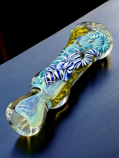 Preview pic of Hand-Blown Glass Chillum Pipe – 3” USA-Made Swirl Design (Blue, Yellow, Aqua)