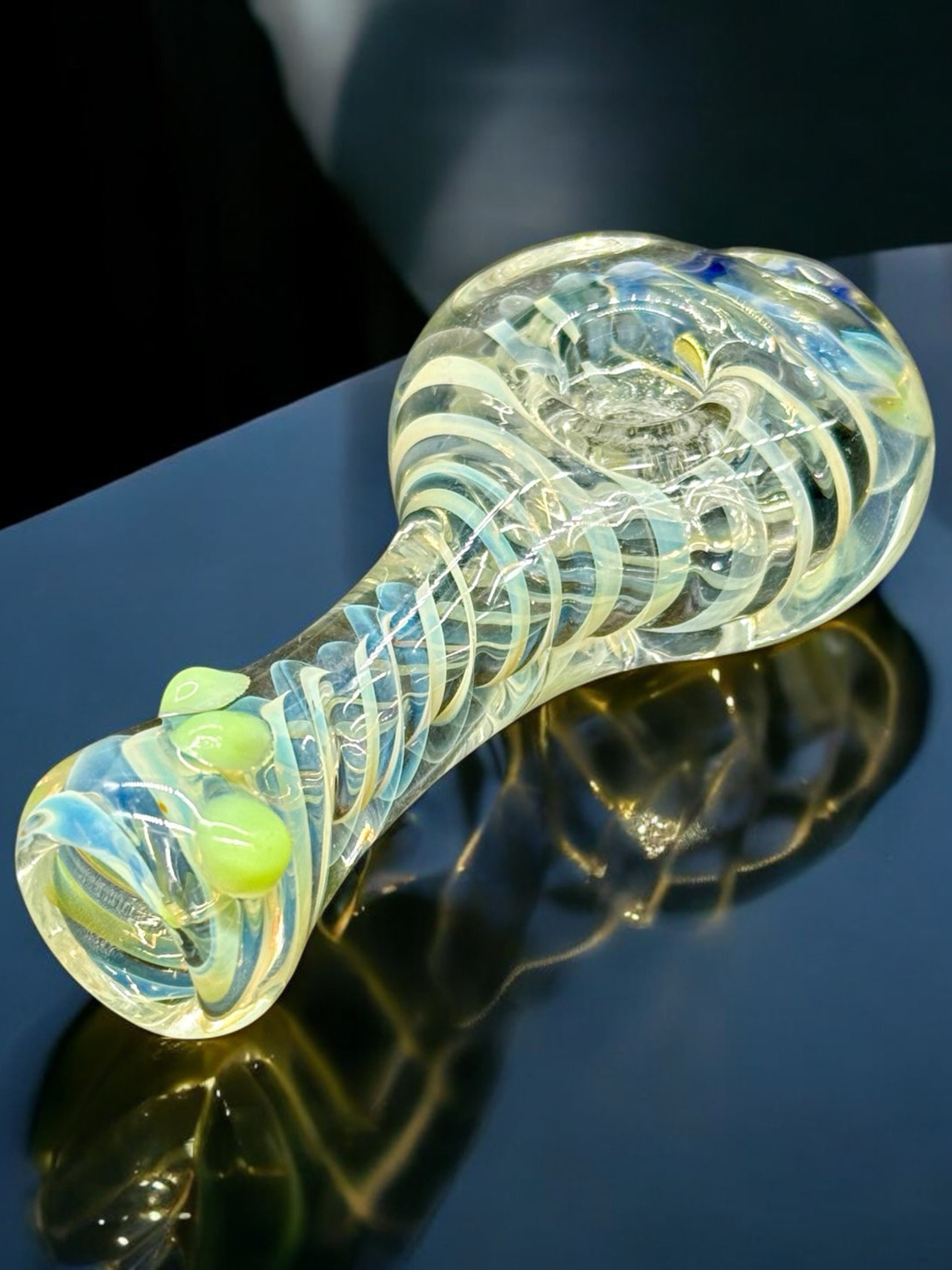 Preview pic of 3” Fumed Glass Spoon Pipe – Spiral Yellow & Blue Swirls with Marble Accents | USA Made