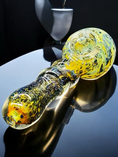 Preview pic of Fumed Glass Pipe with Yellow & Black Swirl – 4” Hand-Blown Spoon Style