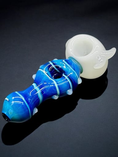 Preview pic of 4” Hand-Blown Glass Pipe – Blue Textured Handle with White Whale Bowl – Unique Art Pieces