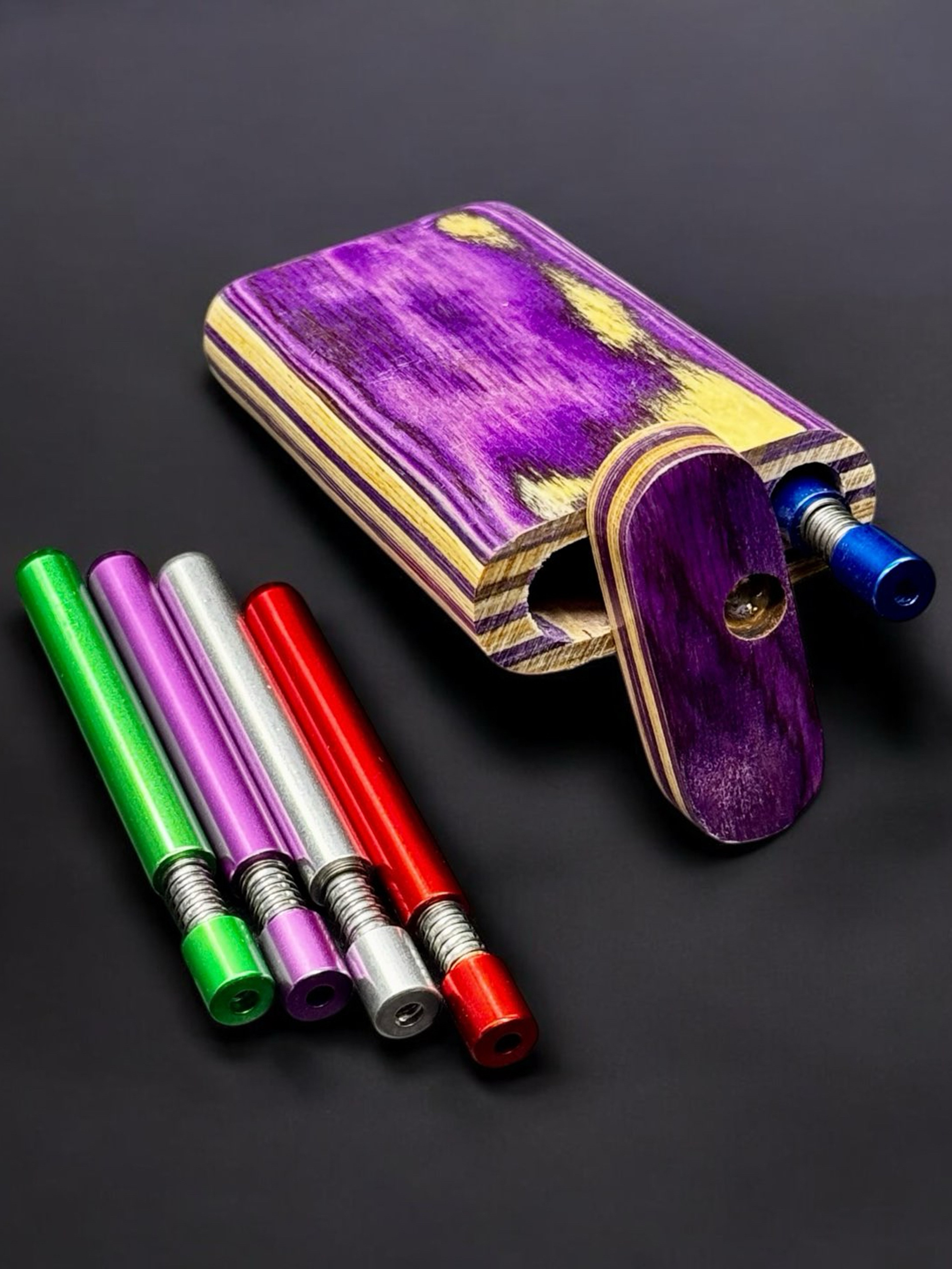 Preview pic of Handcrafted Wooden Dugout – Purple & Light Wood Finish – Made in USA – Includes 5 Self-Cleaning One-Hitters