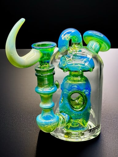 Preview pic of 6” Mini Recycler Bong with 14mm Horn Slide – Green & Blue UV Reactive Glass
