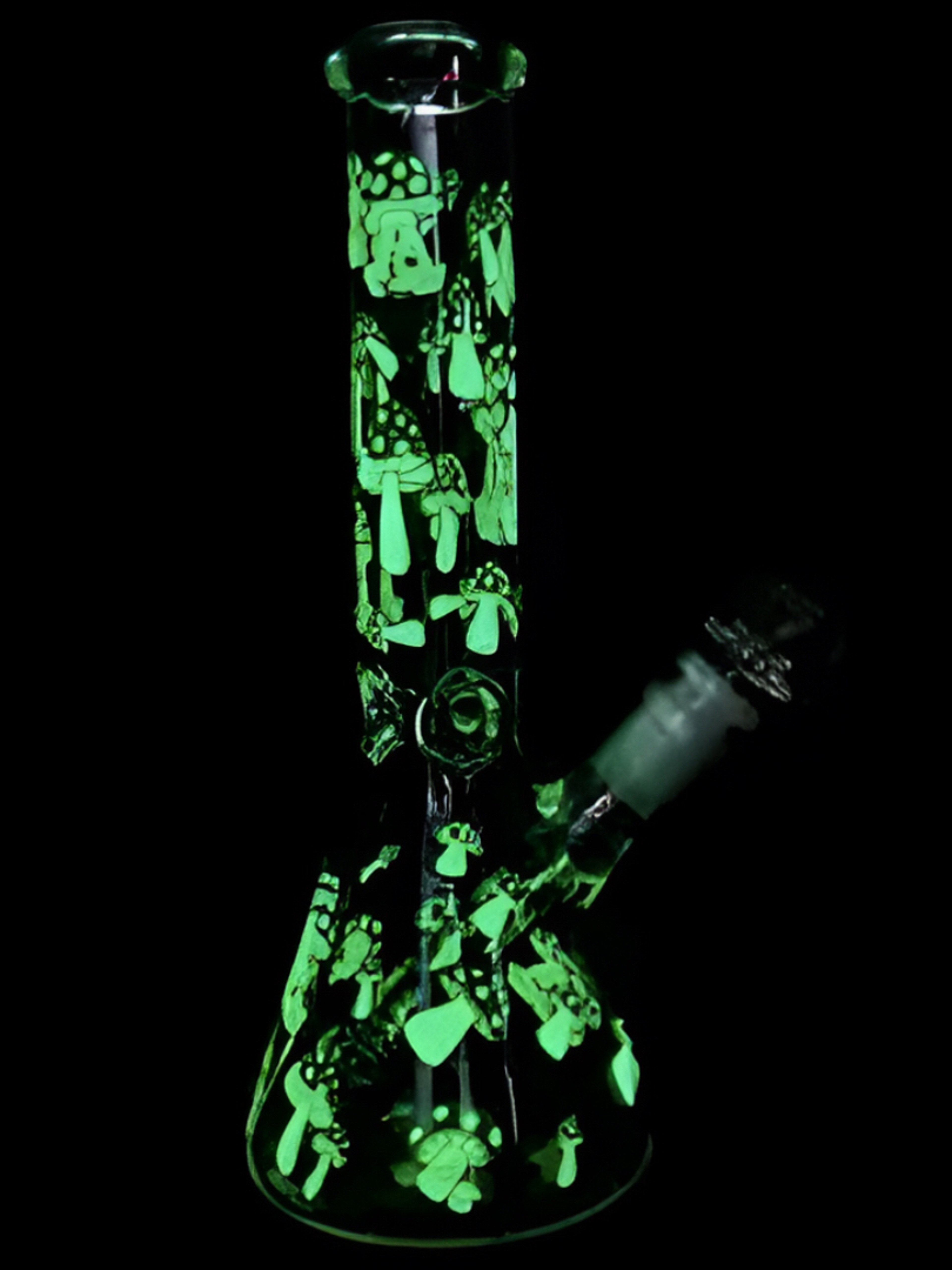Preview pic of Glows In The Dark Mushrooms Design Glass Bong