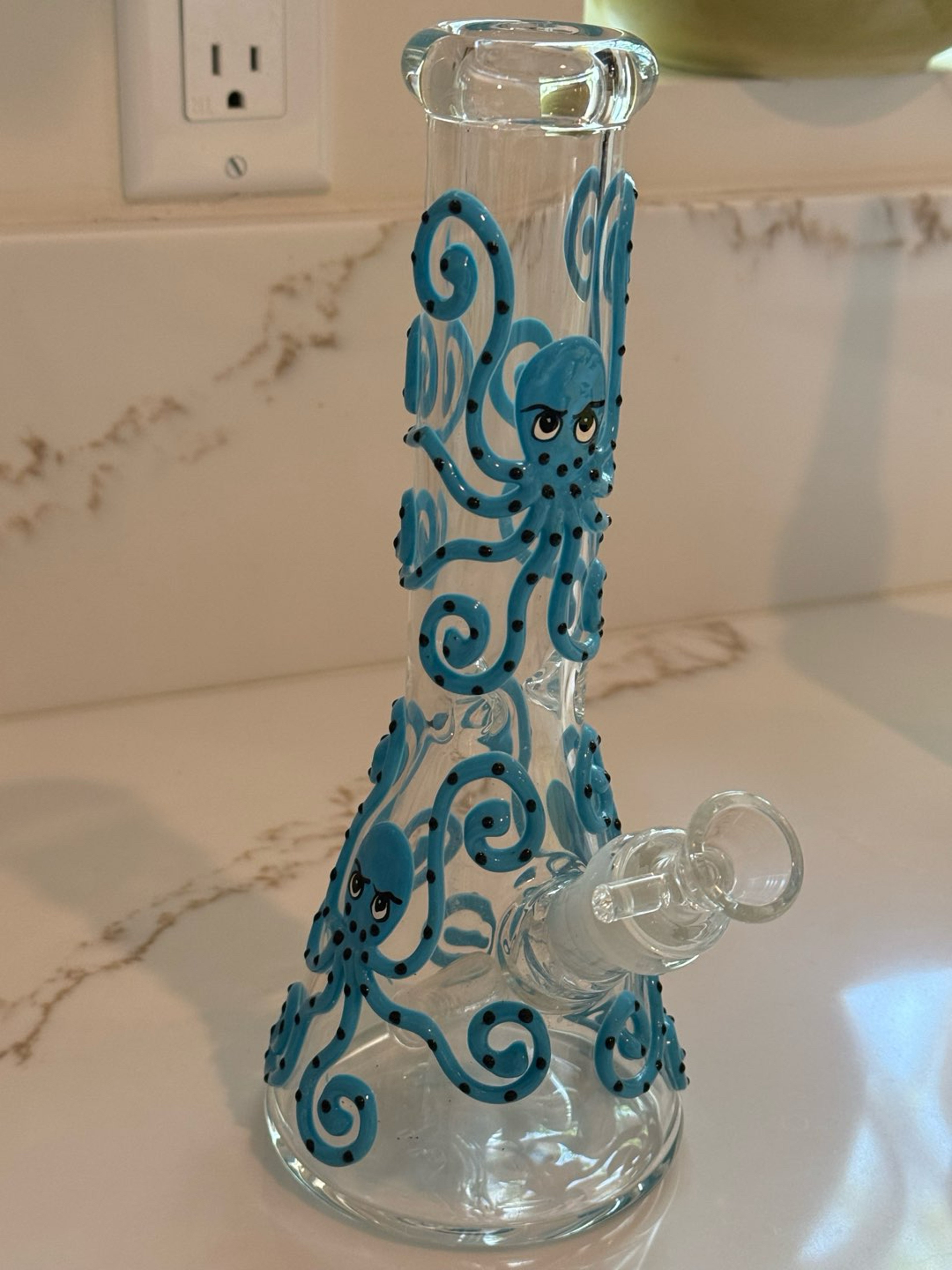 Preview pic of Octopus Glass Beaker Bong – Custom Blue Textured Art Piece - Bonus Rick & Morty Tray