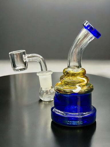 Preview pic of Mini 5.5” Dab Rig – Blue & Gold Bent Neck Water Pipe with Quartz Banger