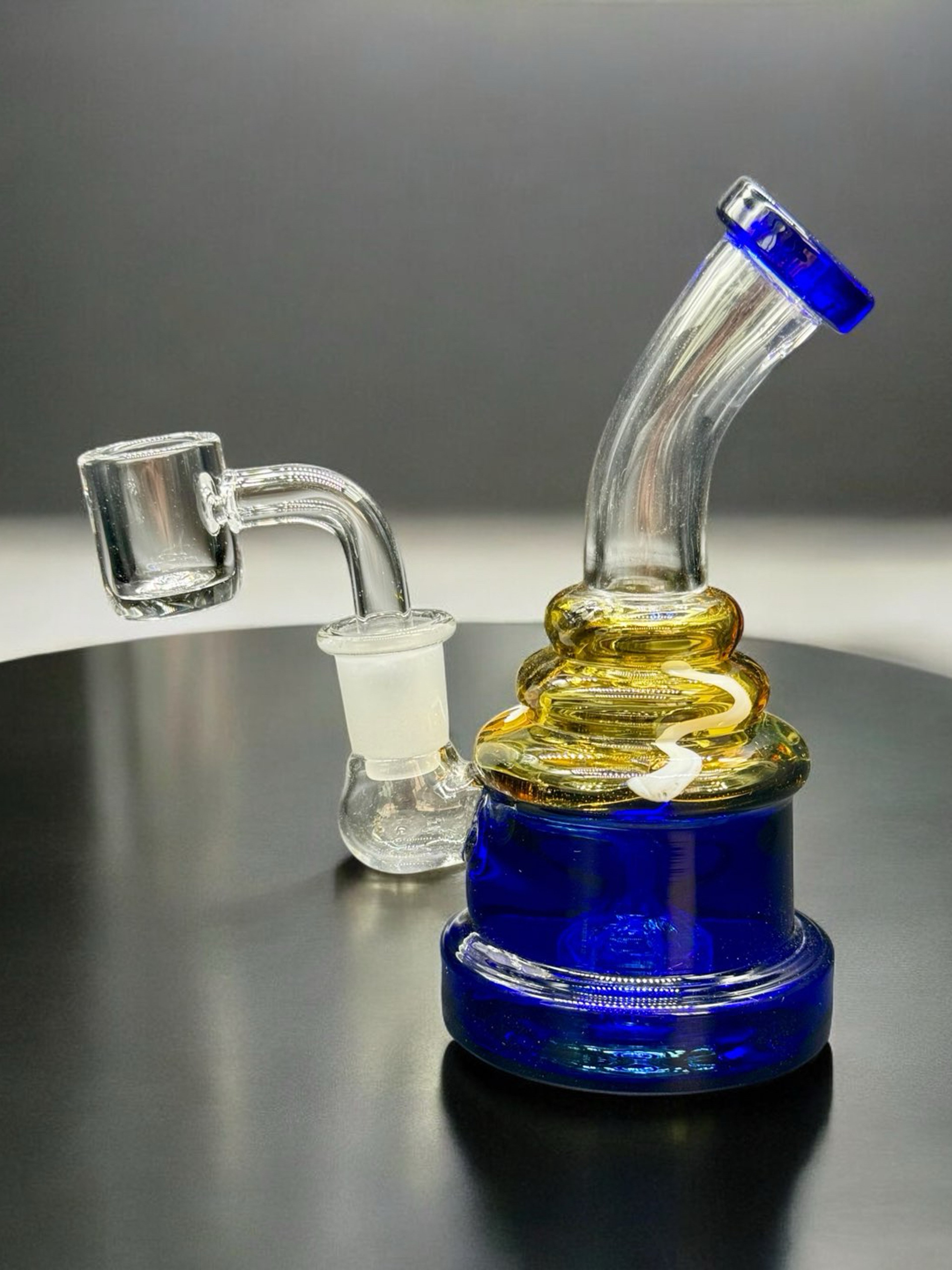 Mini 5.5” Dab Rig – Blue & Gold Bent Neck Water Pipe with Quartz Banger image 0