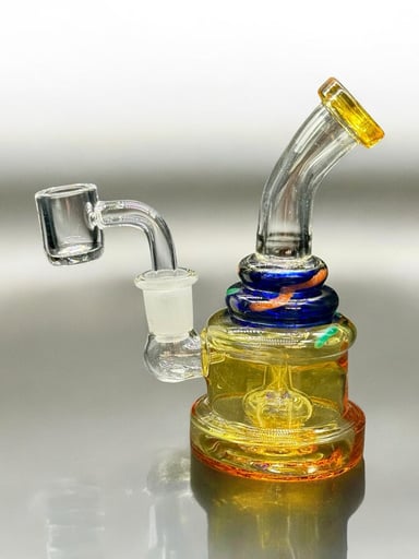 Preview pic of Mini 5.5” Colorful Dab Rig – Yellow & Orange Base with Multicolor Neck Accent + Quartz Banger