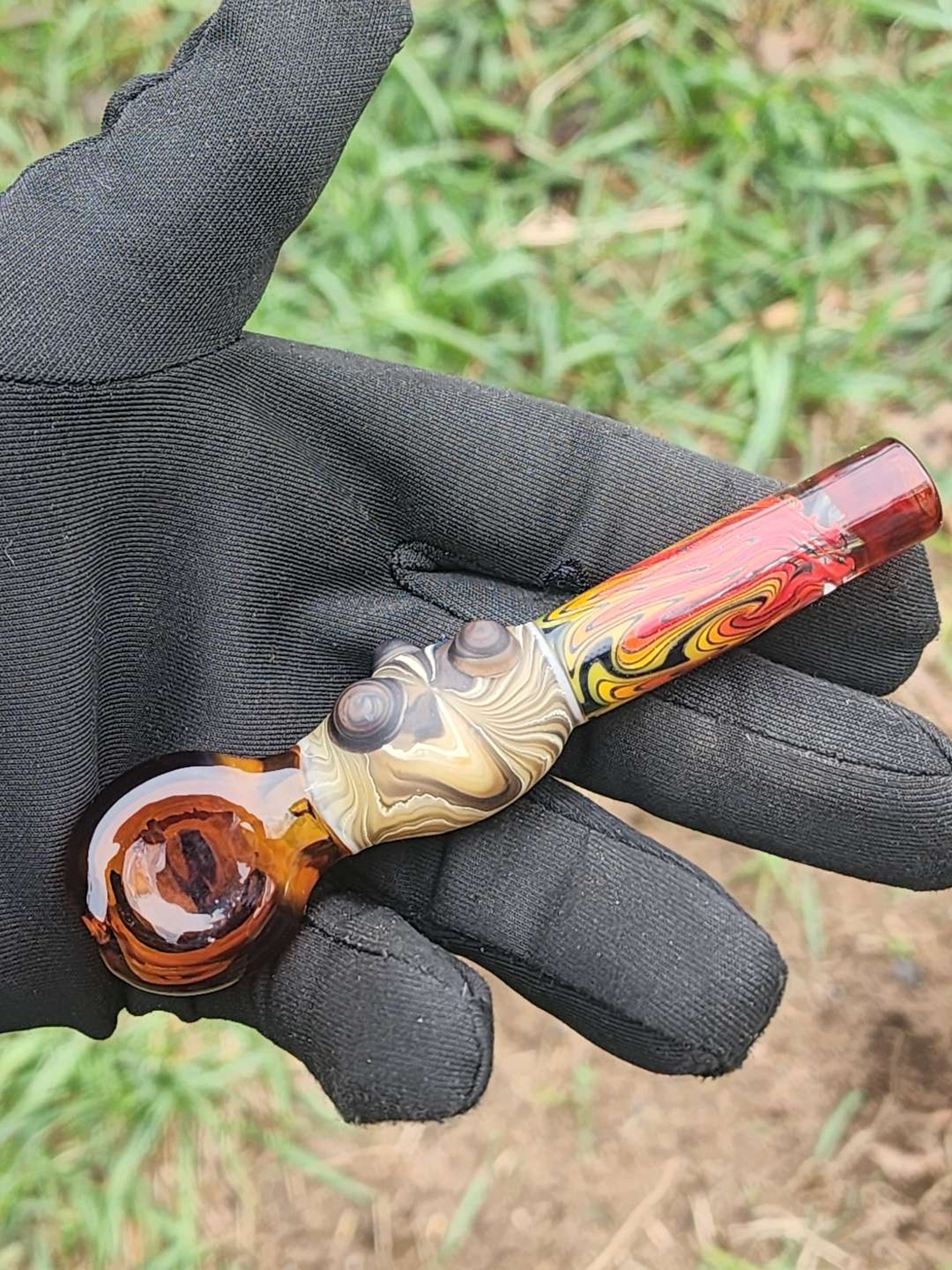 Preview pic of Fire fade, woodgrain accented chillum collab x @glideglass_art